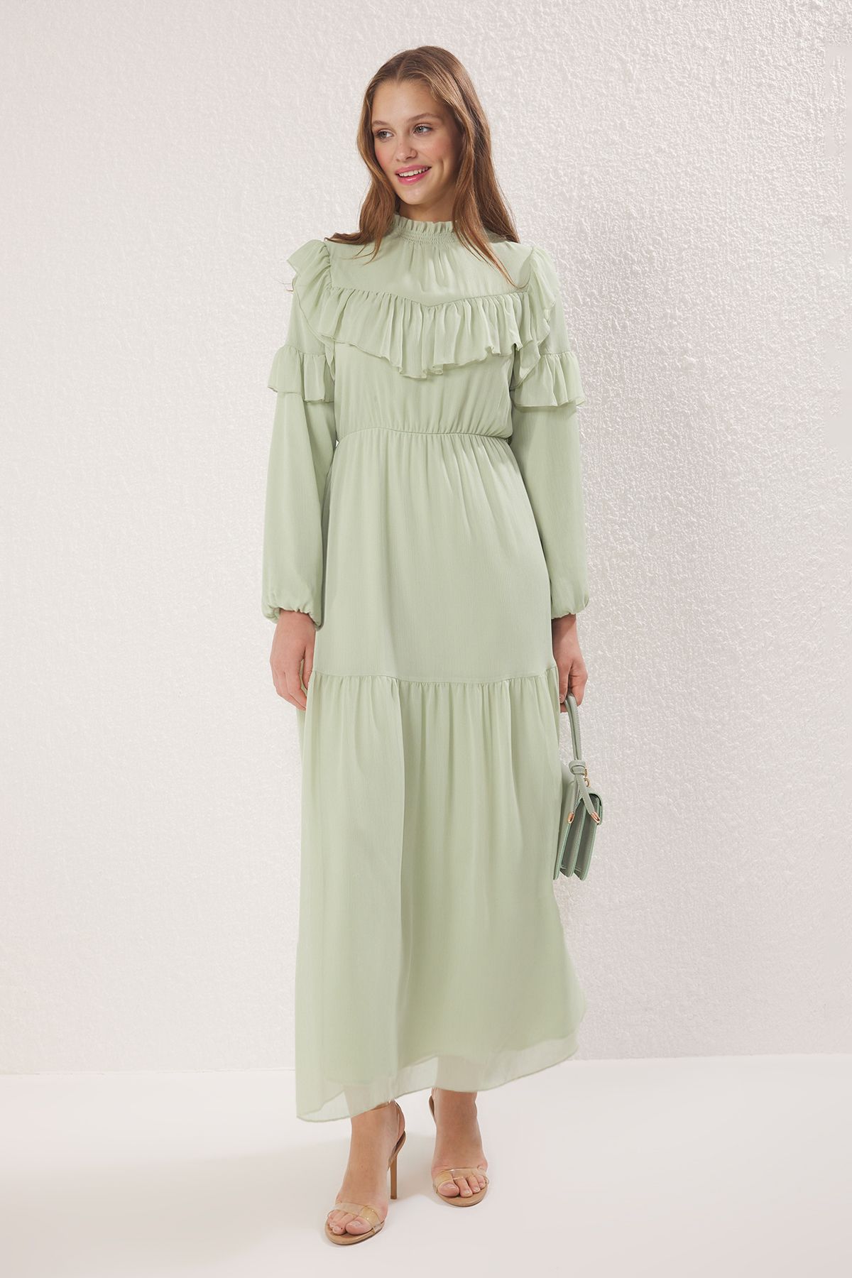 Trendyol Modest Tkané šaty s mätovou šifónovou podšívkou TCTSS25EB00108