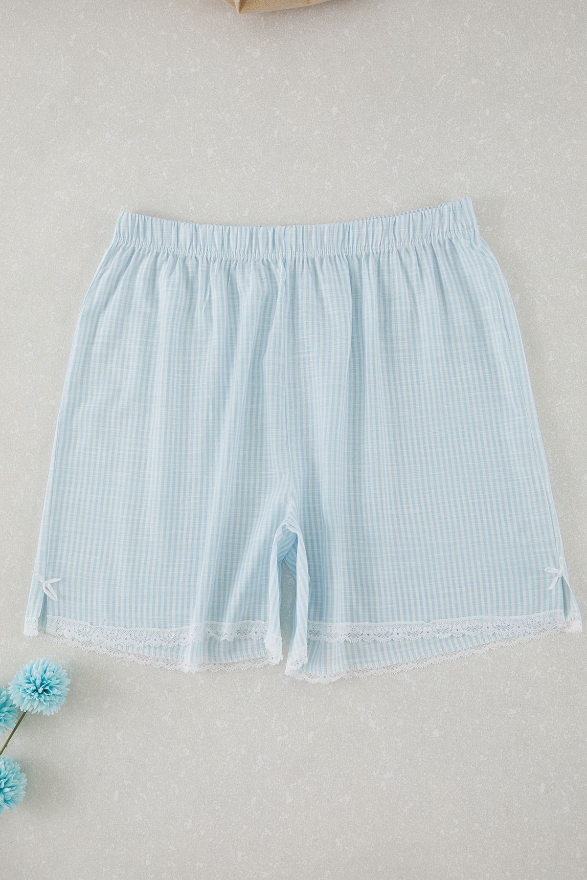 Trendyol Curve-Blue Line Lace Conscious Pajama Bottom 2