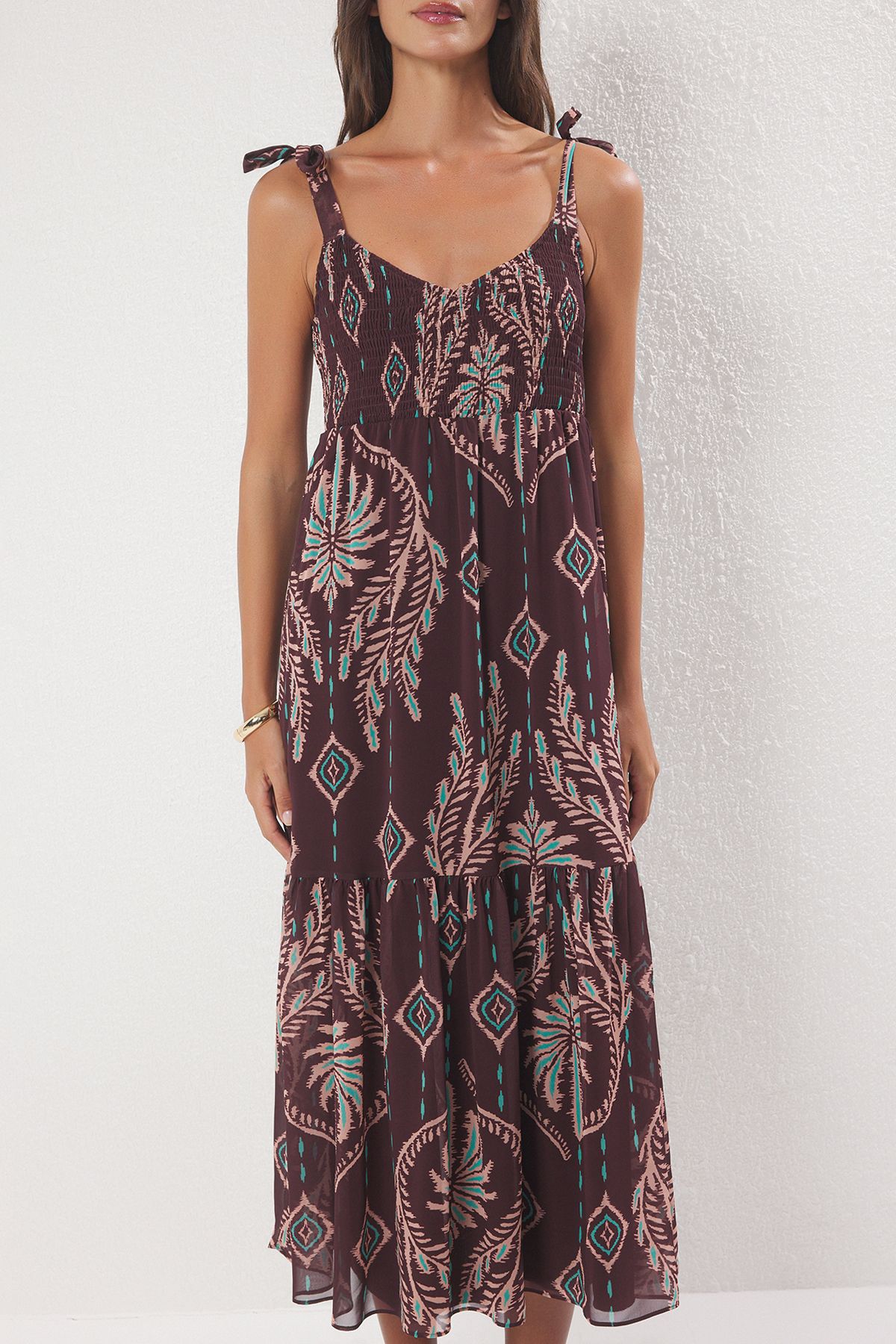 Trendyol Collection-Brauner Schal-Muster-Rock, gewebtes Maxikleid mit Gips an der Taille 3