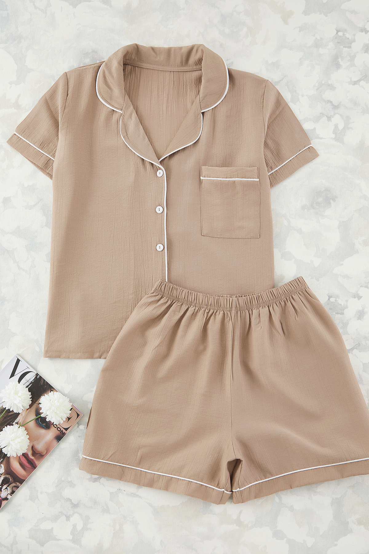Trendyol Curve-Mink Shirt Collar Piping Textured Woven Pajama Set Tbbss25Ai00084 6