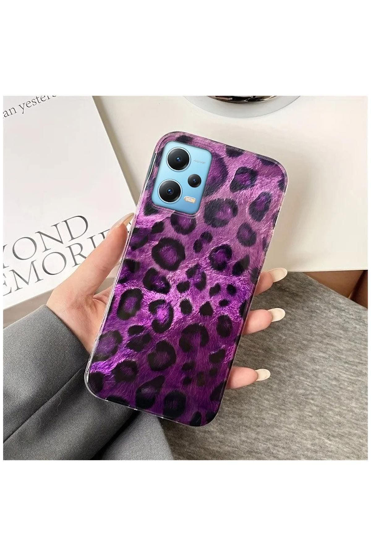 Pro Aksesuar Xiaomi Redmi Note 12 Pro 5G Uyumlu Kılıf Lüx Leopar Desenli Silikon Kılıf Mor