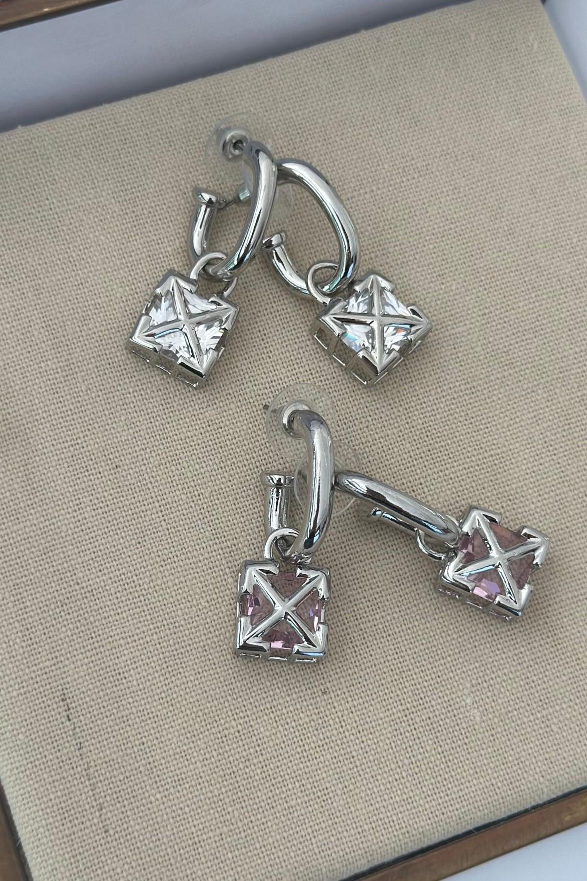 Bgaet Stone and X Detailed Minimal Steel Earrings Silver