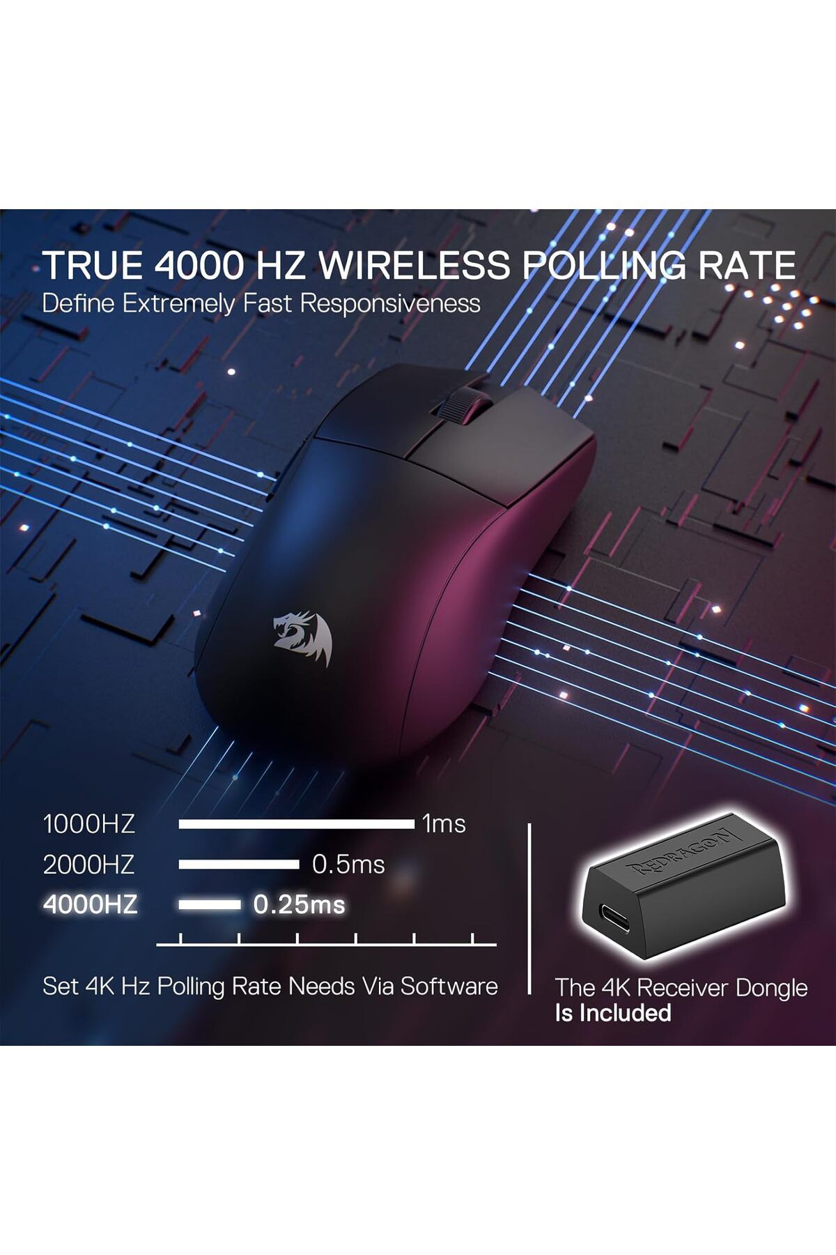 REDRAGON-Wireless Gaming Mouse M916 Pro 3 Modes, Ultra-Fast 4K Polling Rate, 49g Ultra-Lightweight, 5