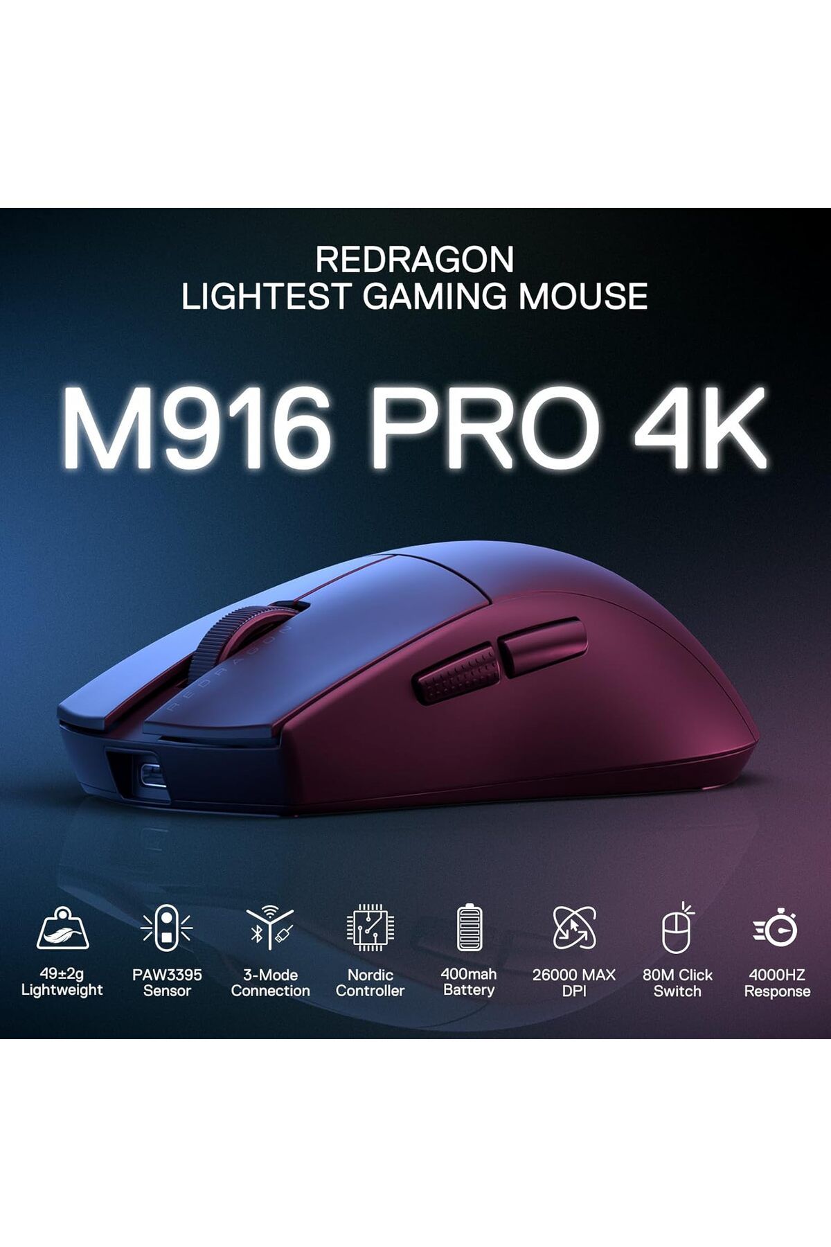 REDRAGON-Wireless Gaming Mouse M916 Pro 3 Modes, Ultra-Fast 4K Polling Rate, 49g Ultra-Lightweight, 3