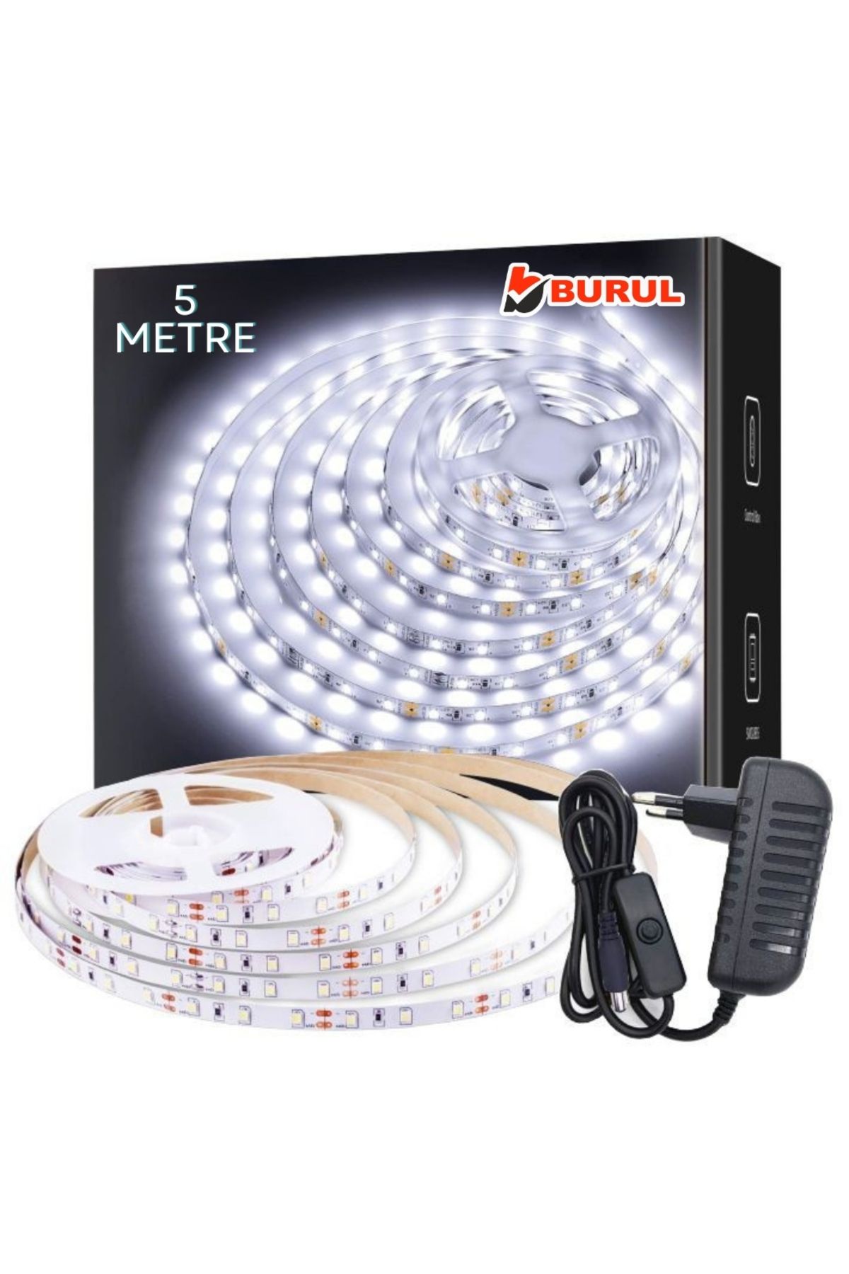 burul SB-6501 5 Metre Beyaz Şerit Led Işık Seti, Butonlu, Mutfak Tezgah, Çalışma Masası, Raf Işıkları