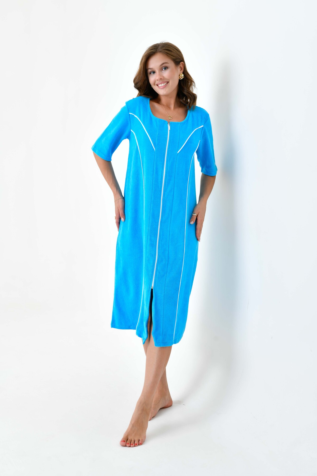 MAMAYAGA Kadın Yarım Kısa Kol Fermuarlı U Yaka Rahat Kalıp Büyük