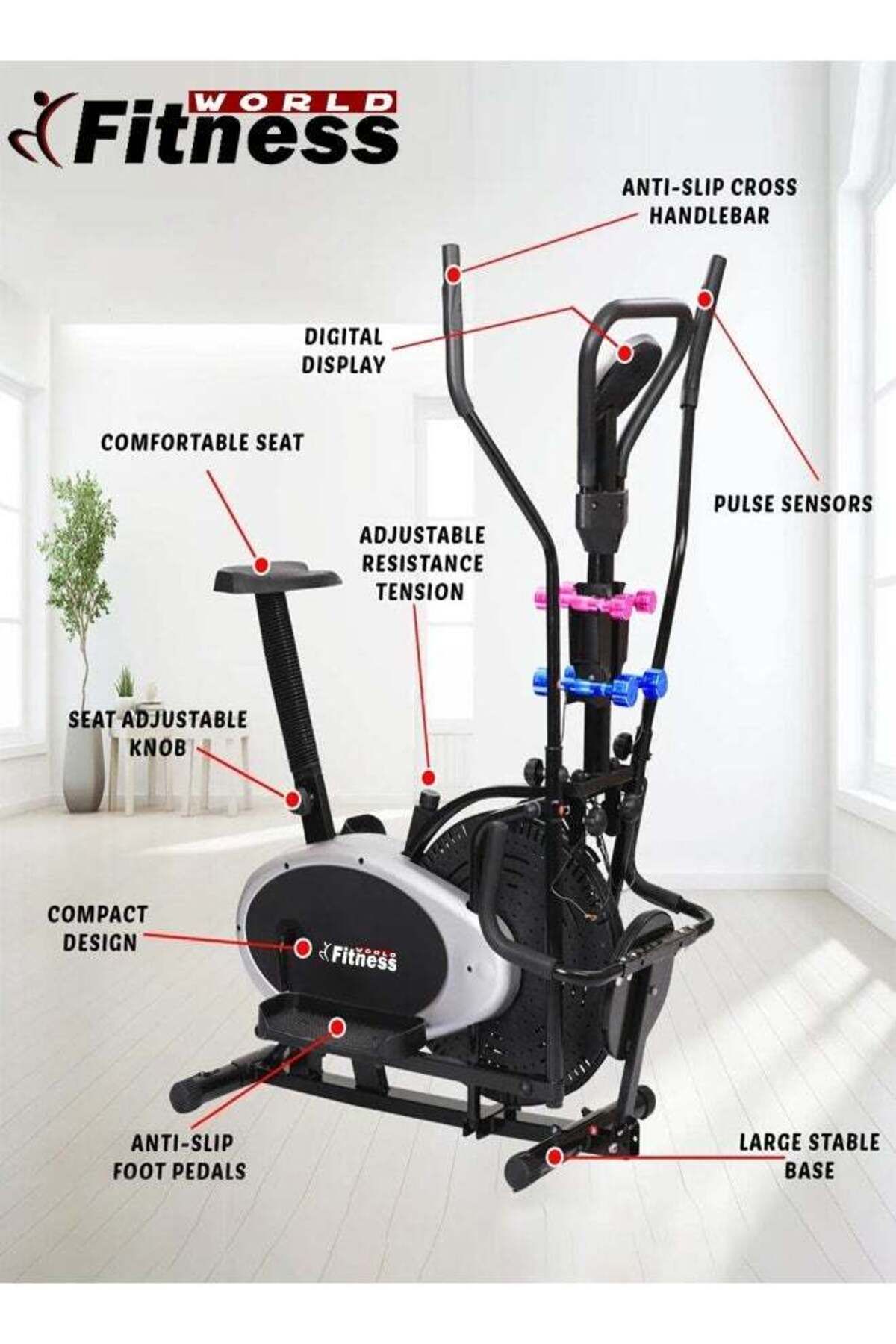 Fitness World-دراجة تمارين Orbitrek متطورة 3 في 1 مع قرص دوار لنحت الخصر و 3