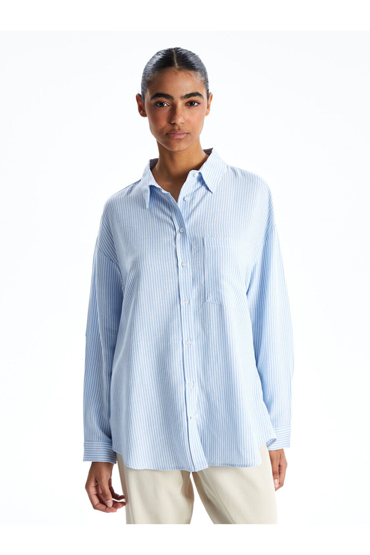 LC Waikiki Yeni Sezon Cizgili Keten Karisimli Oversize Kadin Gomlek - S52683Z8