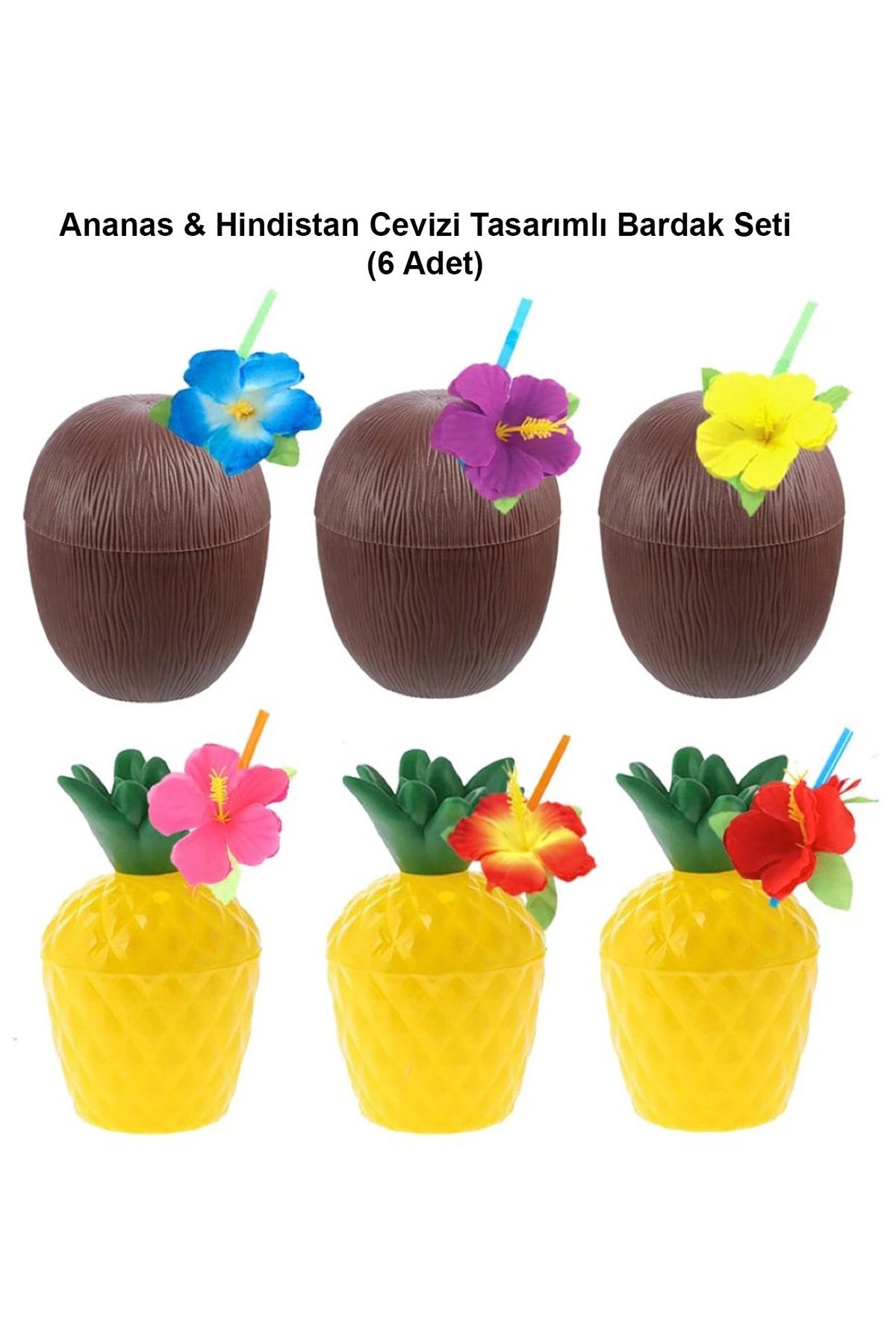 FADYA Ananas Hindistan Cevizi Tasarımlı Pipetli Bardak Seti (6 Adet)
