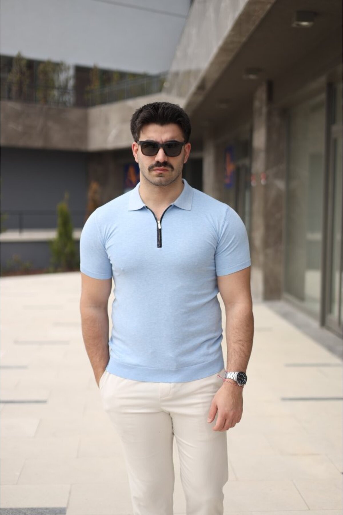 Erkek Polo Yaka Fermuar Detaylı Tişört