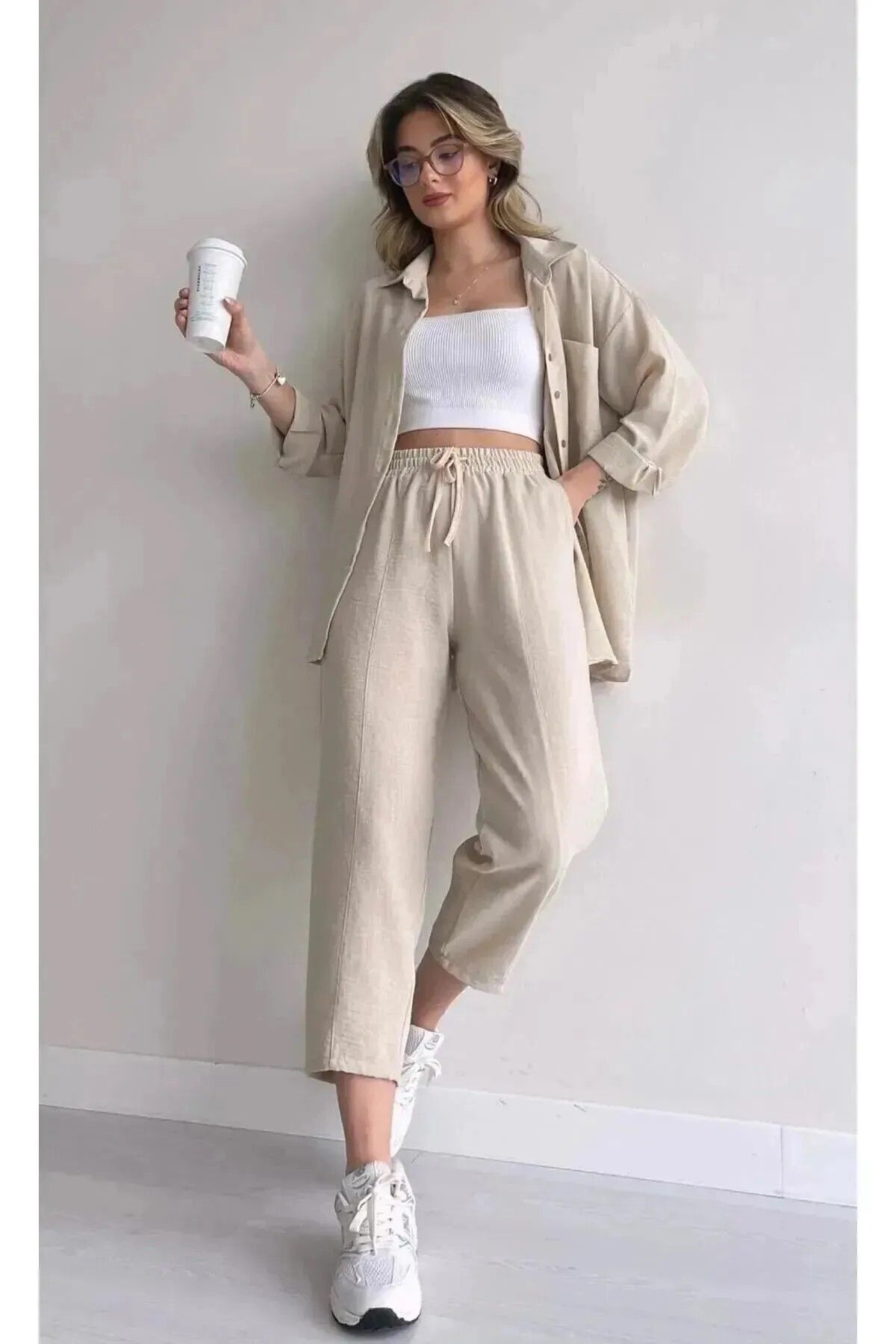 Zoe Zoe-Cămașă din in două piese pentru femei, pantaloni, costum de jos, cu șnur 2