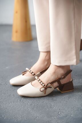 GOFFSHOES Kadın Maste İncili Kısa Topuklu Ayakkabı - Ten-Taba