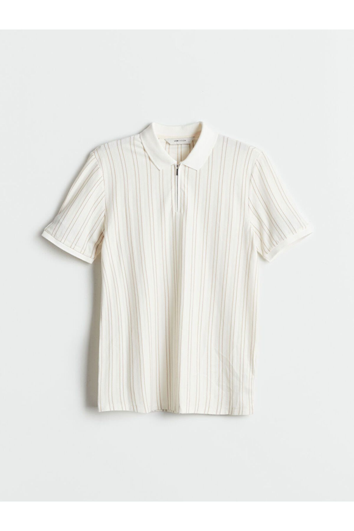 LC Waikiki-Ecru Polo Neck Striped Men's Textured T-Shirt 5