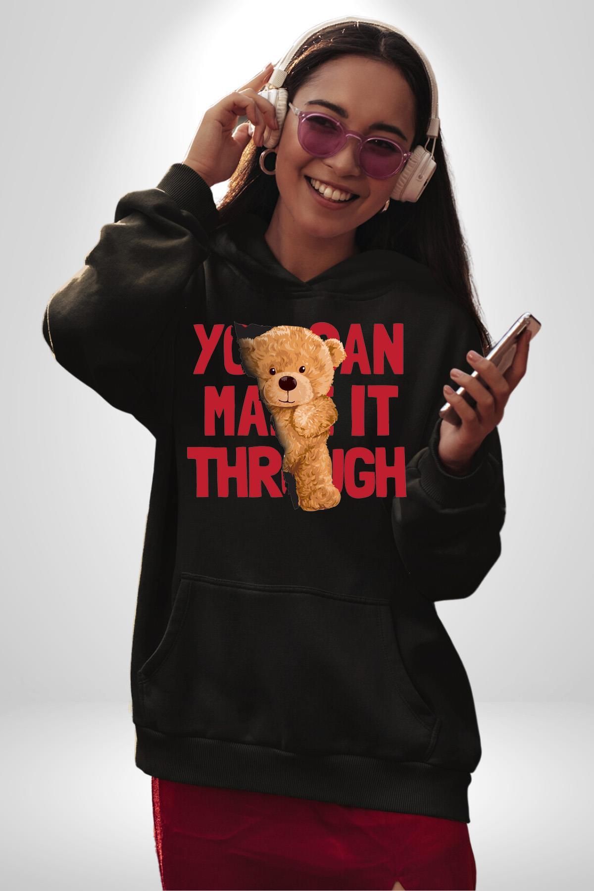 Soufeel Bunu Başarabilirsin Ayı Kadın Erkek Baskılı Üç İplik Siyah Kapüşonlu Hodie Sweatshirt
