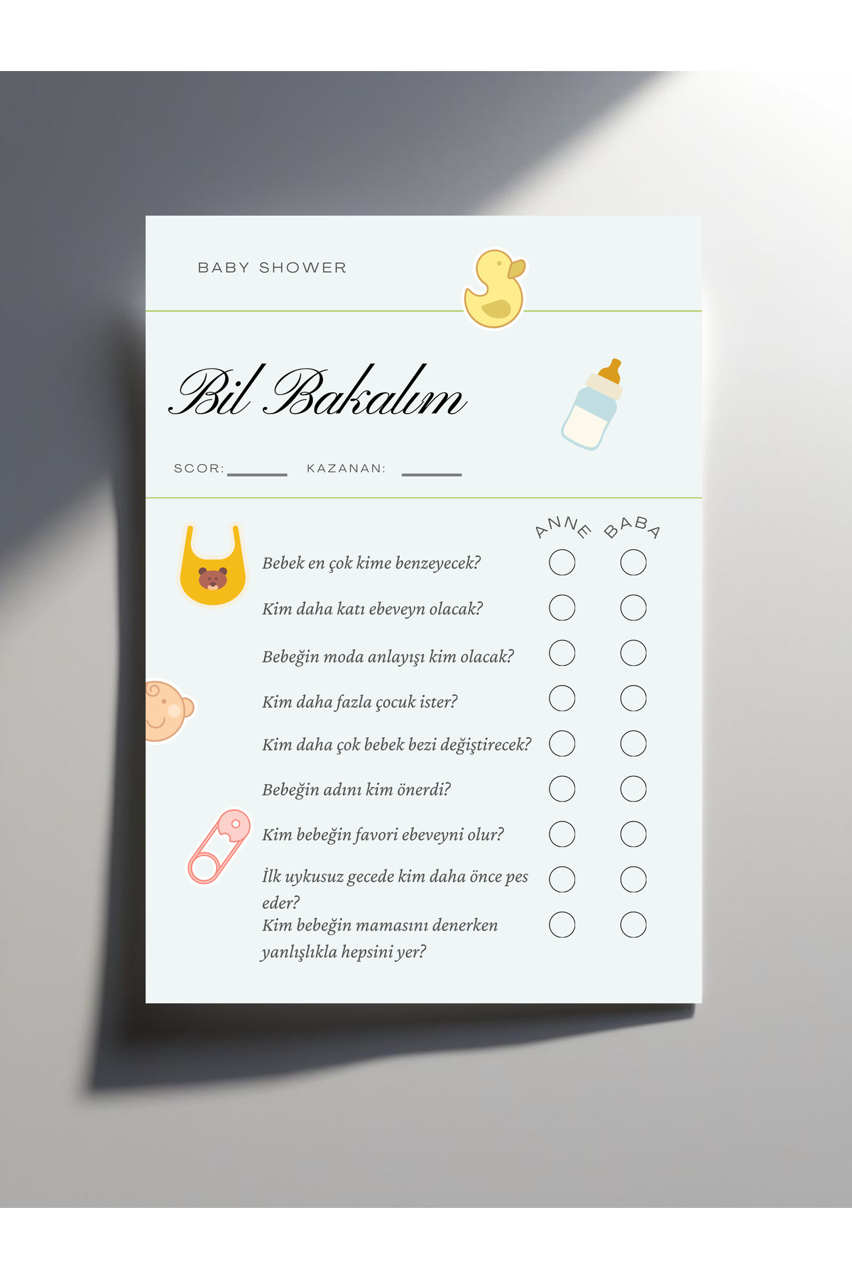 Siorina Events Baby Shower Oyun Ve Eğlence Soru Kartları Seti Bil Bakalım Anne mi? Baba mı? - 10 Adet