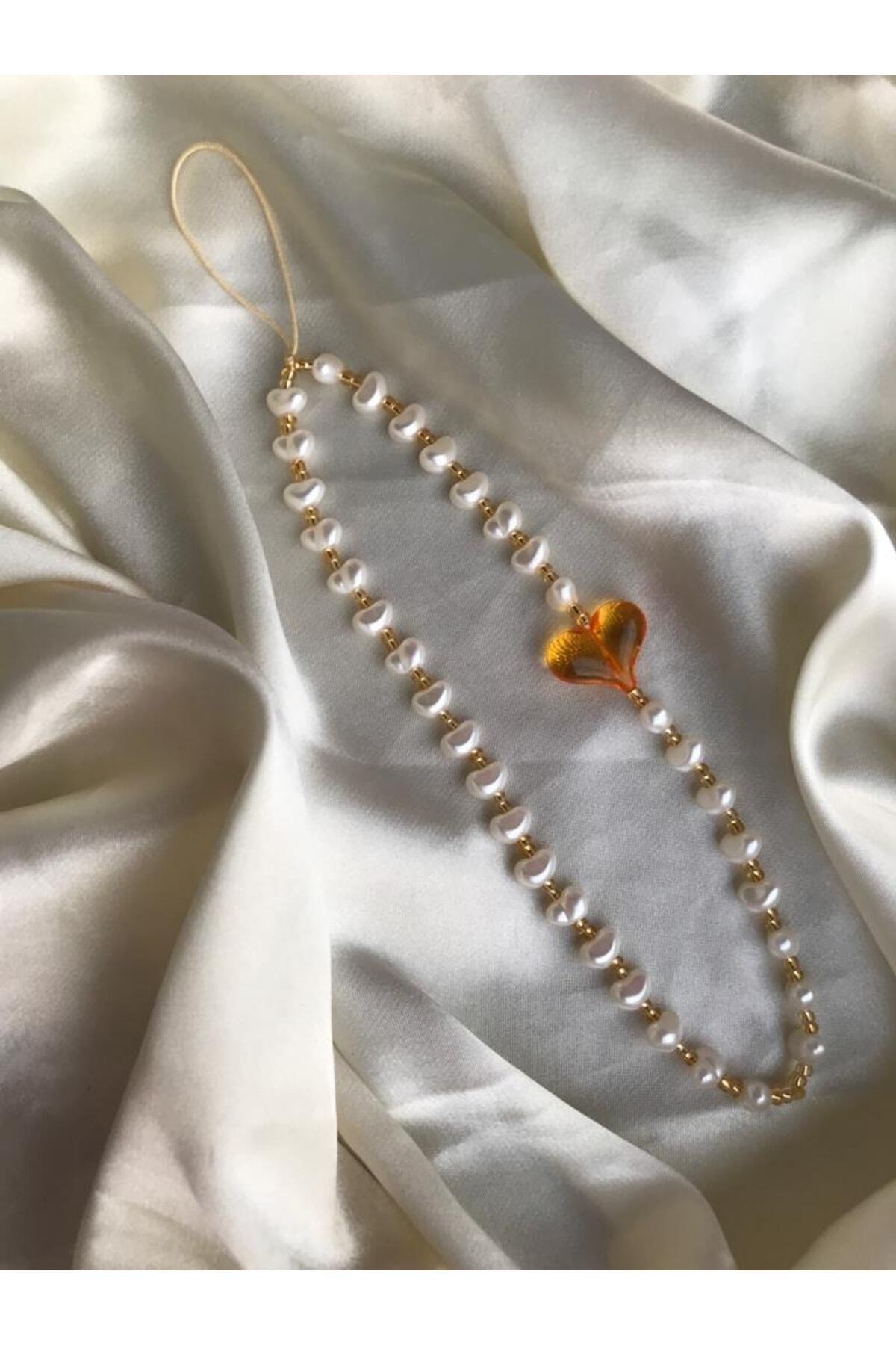 Gold Color Transparent Heart Shaped And Pearl Phone Charm Phone Rope