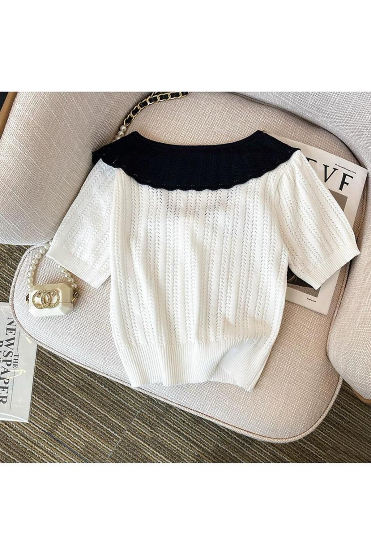 nathia outdoors  Krem Triko Örme Bebe Yaka Ajurlu Fiyonk/kurdele Detaylı Kadın T-shirt - Görsel 2