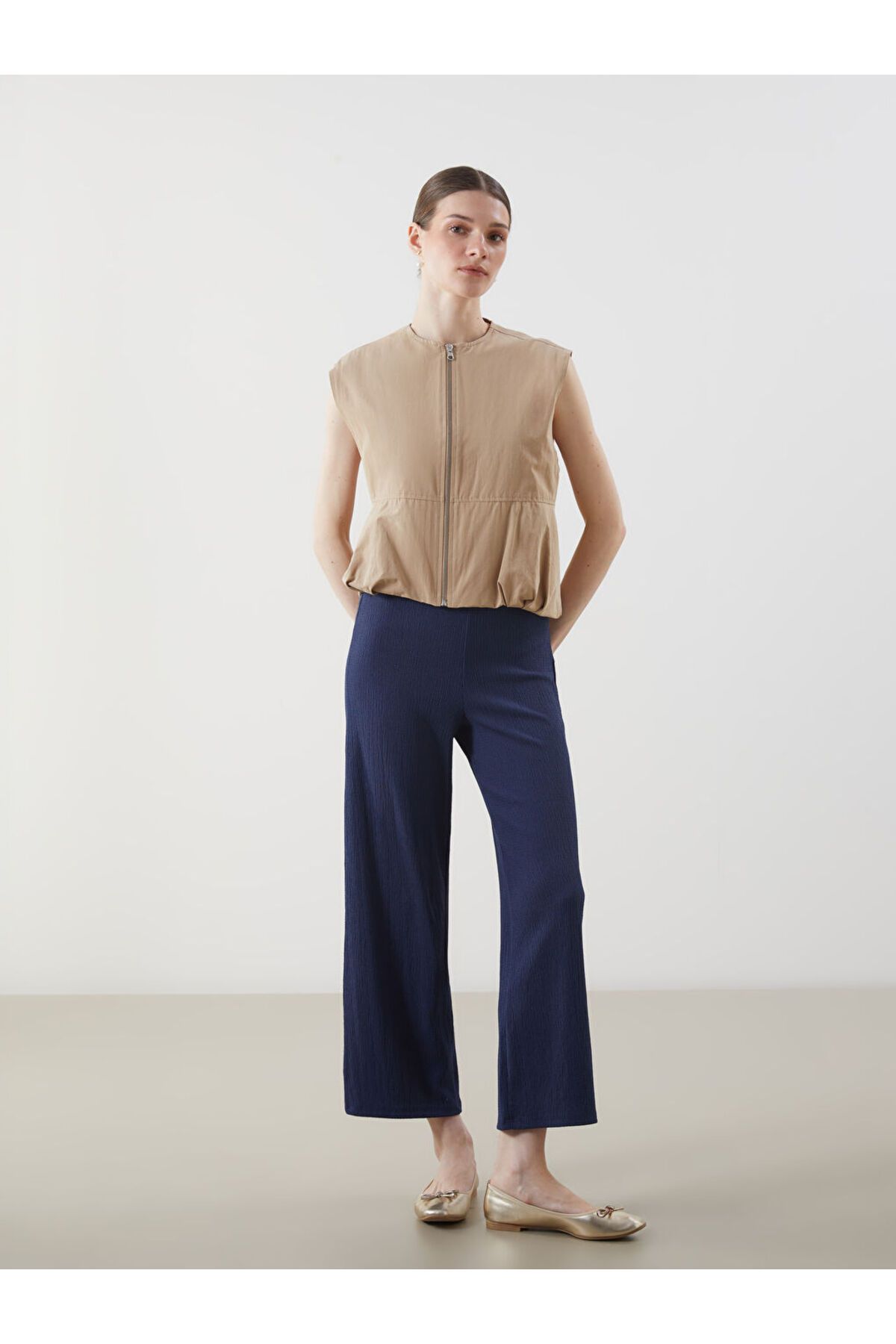 LC Waikiki LCW Modest Lacivert Beli Lastikli Dokulu Kadın Pantolon S5GN56Z8NVY25