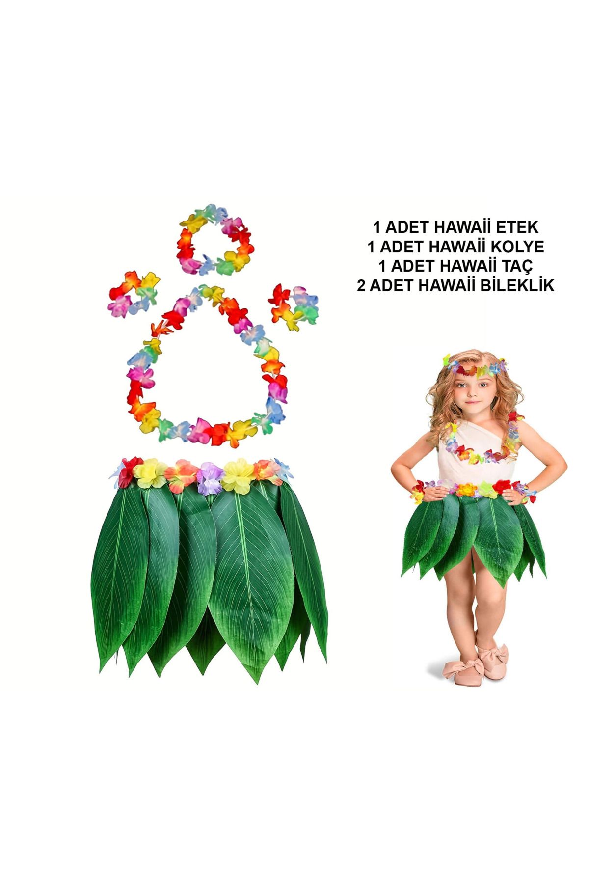 Narnuga Çocuk Hawaii Kostüm Seti - Yaprak Etek Hawaii Set - 5 Parça - MCT9958-2501