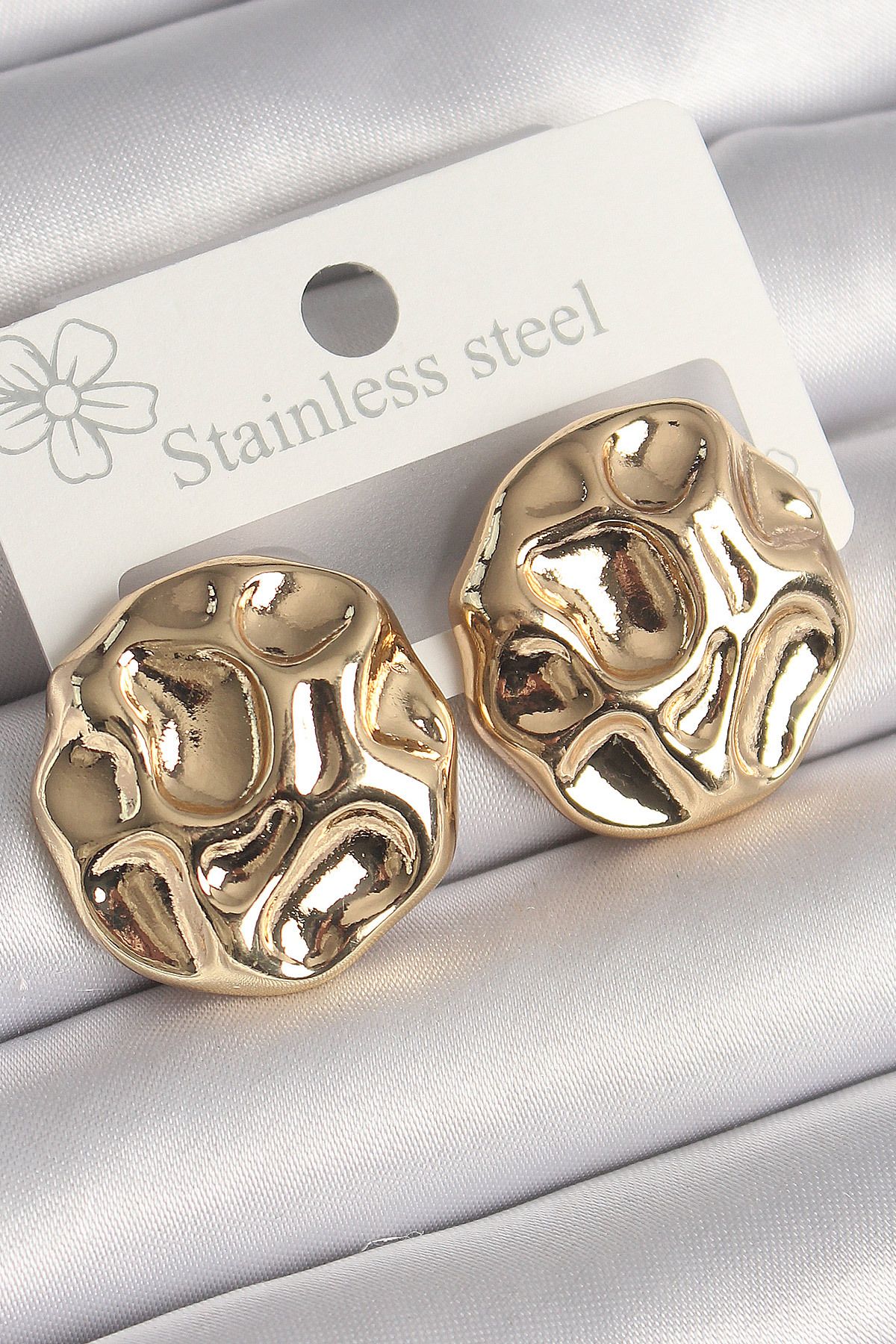 TimeStart Model Gold Renk İşlemeli Daire Plaka Model Kadın Küpe
