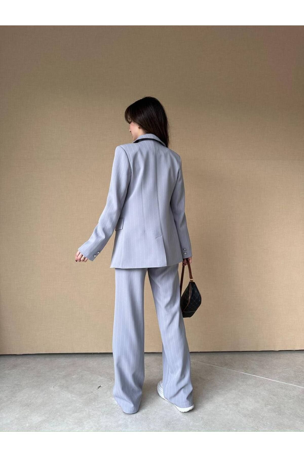 ENZOI-Gray Line Pattern Blazer Jacket Pants Suit 2
