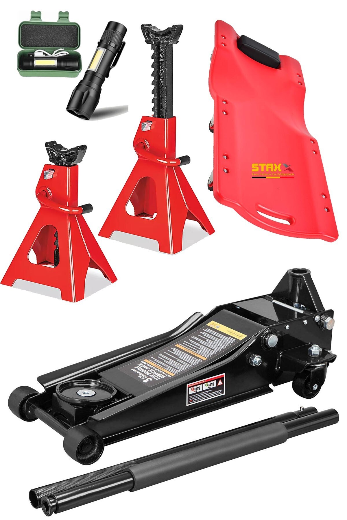 STAXX POWER 3Ton Hidrolik Paslanmaz Çift Piston Düşük Kaldırma Krikosu + 3Ton Sehpa Kriko + Tamirci Kızağı Set