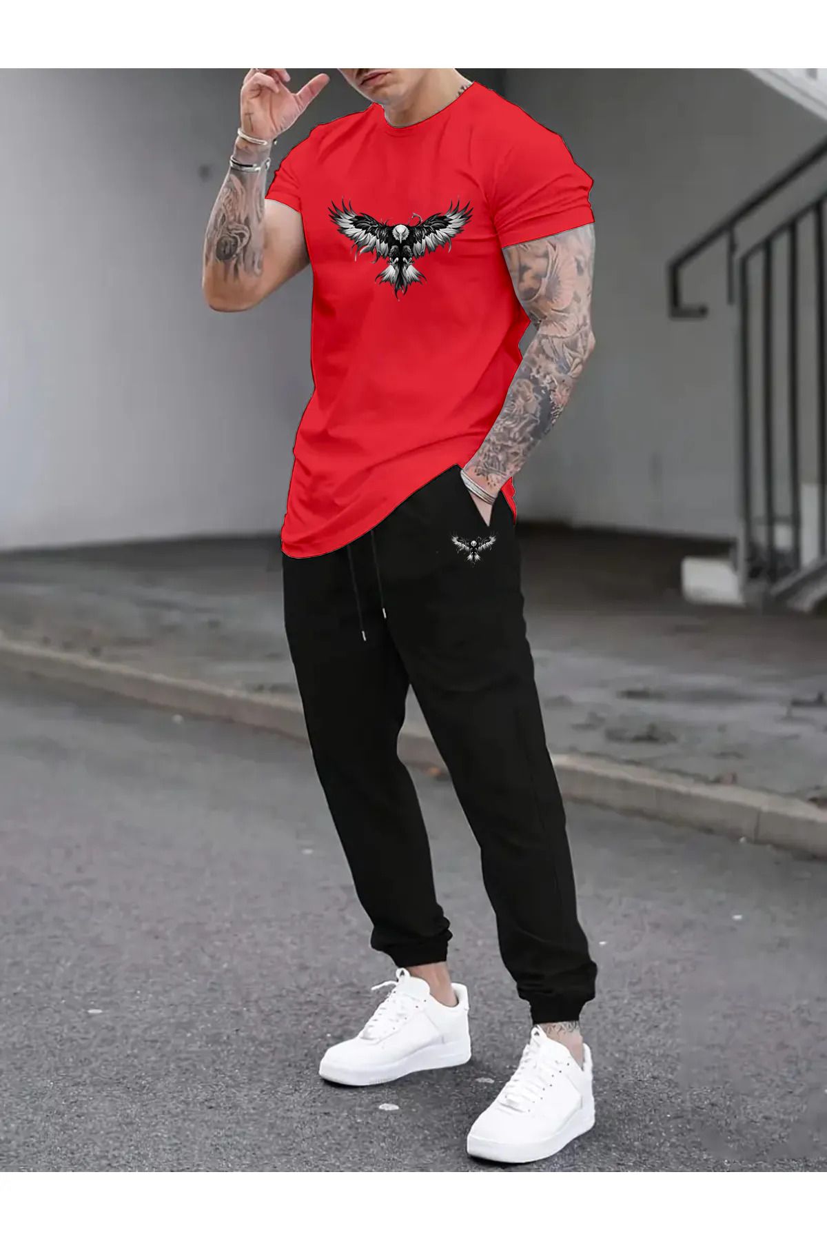 EFFRENATU-Îmbrăcăminte la modă Imprimare păsări de pradă Partea de jos Trening Costum Oversize Crewneck 6