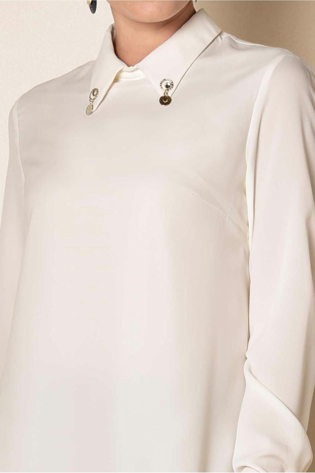 تونیک پوشیده سفید زنانه دکمه جانبی بروش TUNIC 4914 آلوینا Alvina