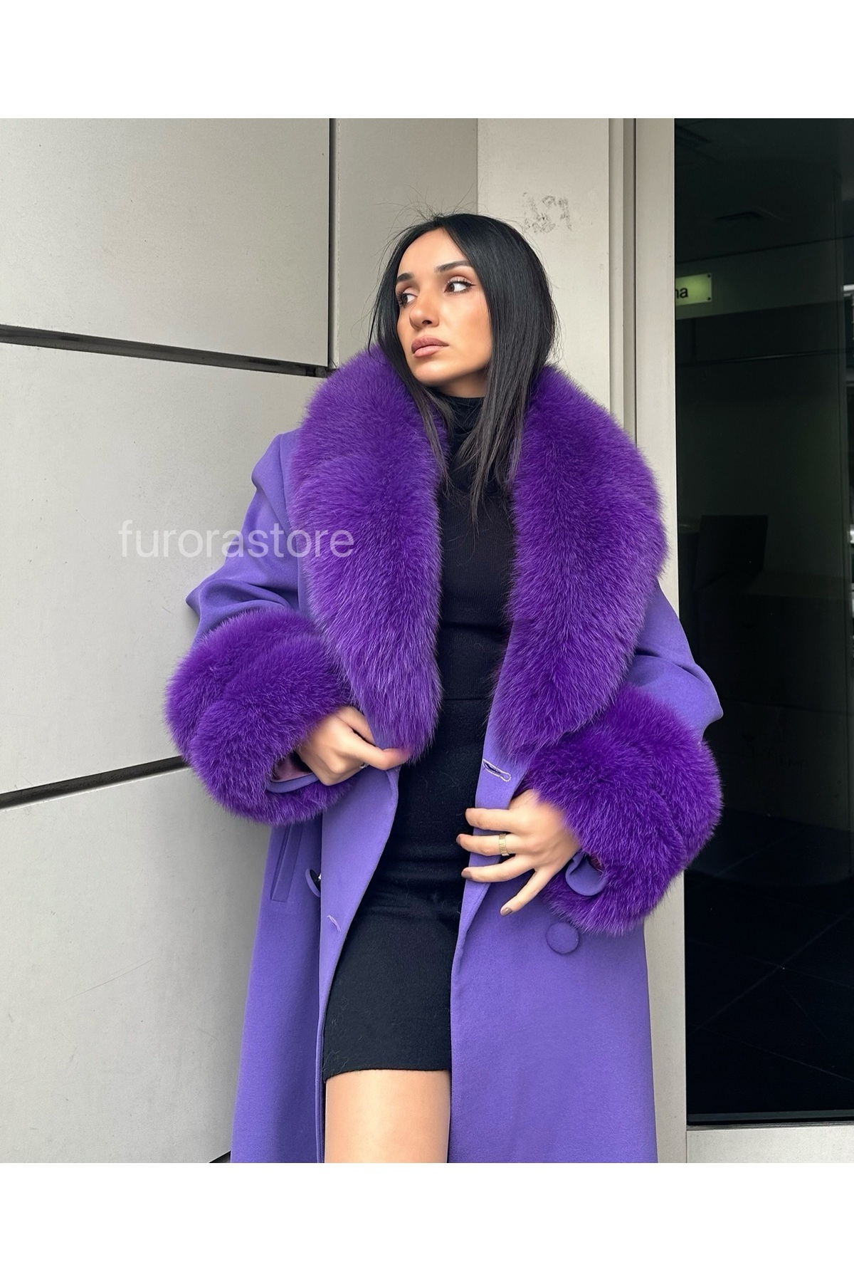 Furora Store  Kaşmir Kadın Palto- Kürklü Kaşmir Ceket- Uzun kadın Kürklü Ceket - Görsel 3