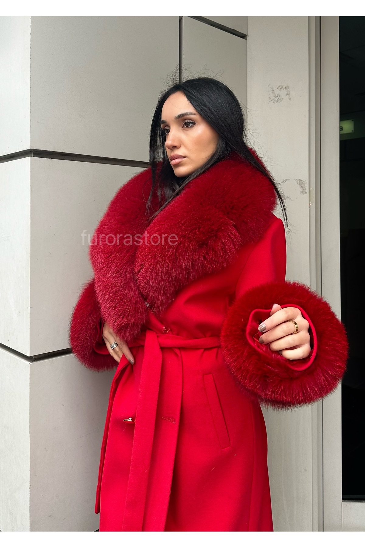 Furora Store  Kaşmir Kadın Palto- Kürklü Kaşmir Ceket- Uzun kadın Kürklü Ceket - Görsel 5