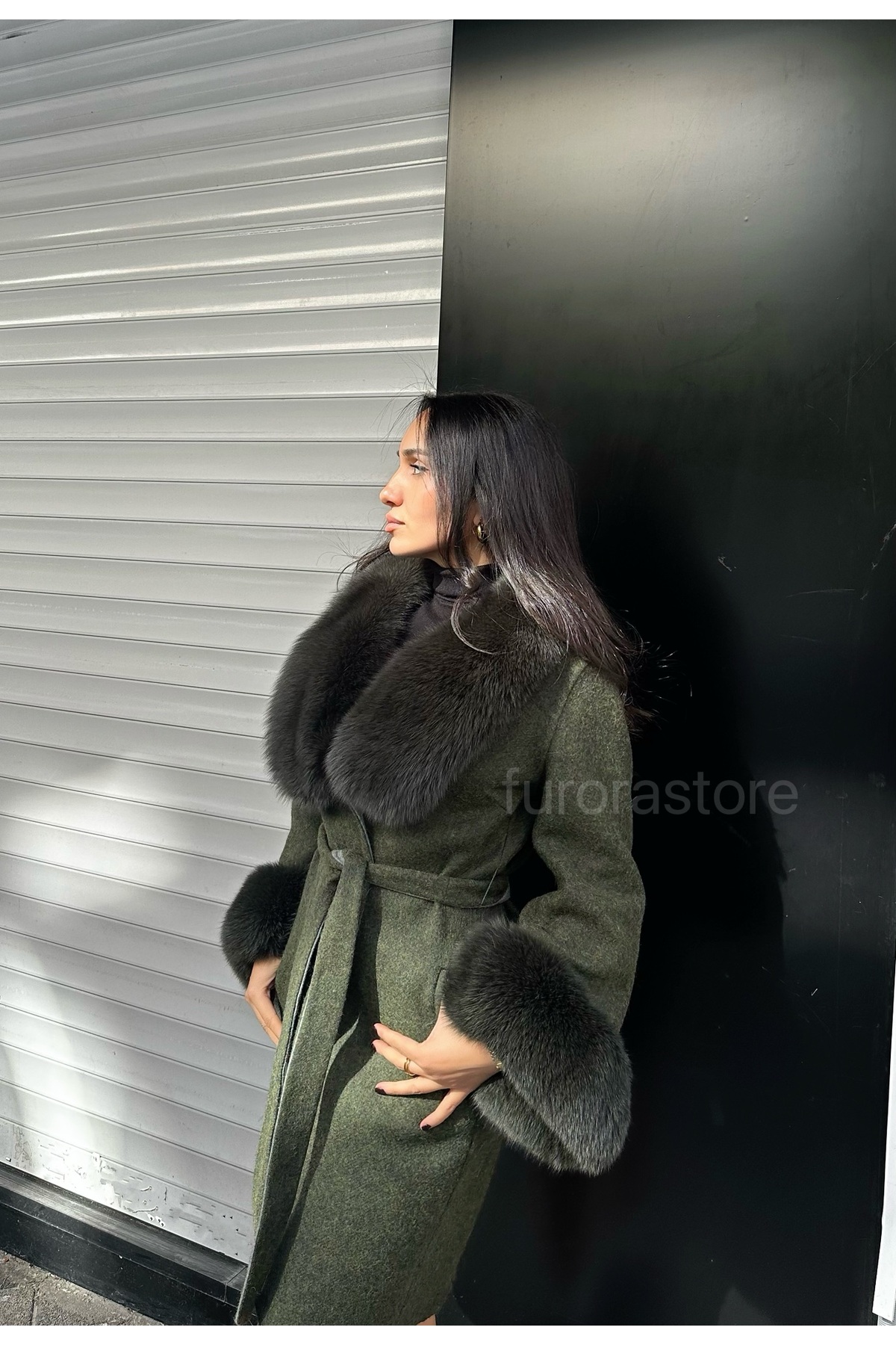 Furora Store  Kadın Alpaka ceket- %100 alpaka ve Kürklü Kadın ceket- Kuşaklı Palto - Görsel 3