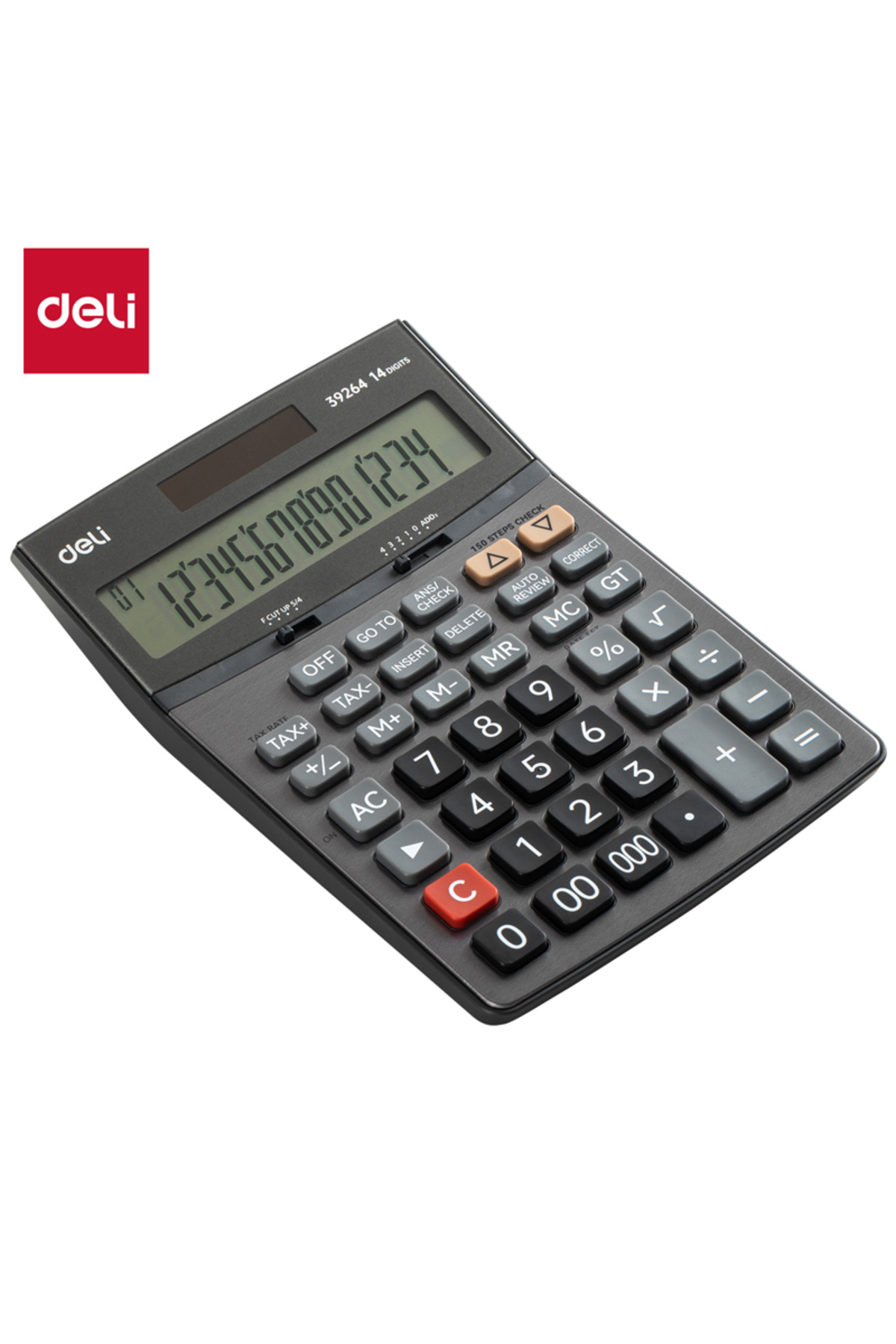 Deli-E39264 14-Digit Metal Calculator - Dual Power, 150-Step Check, Tax 1