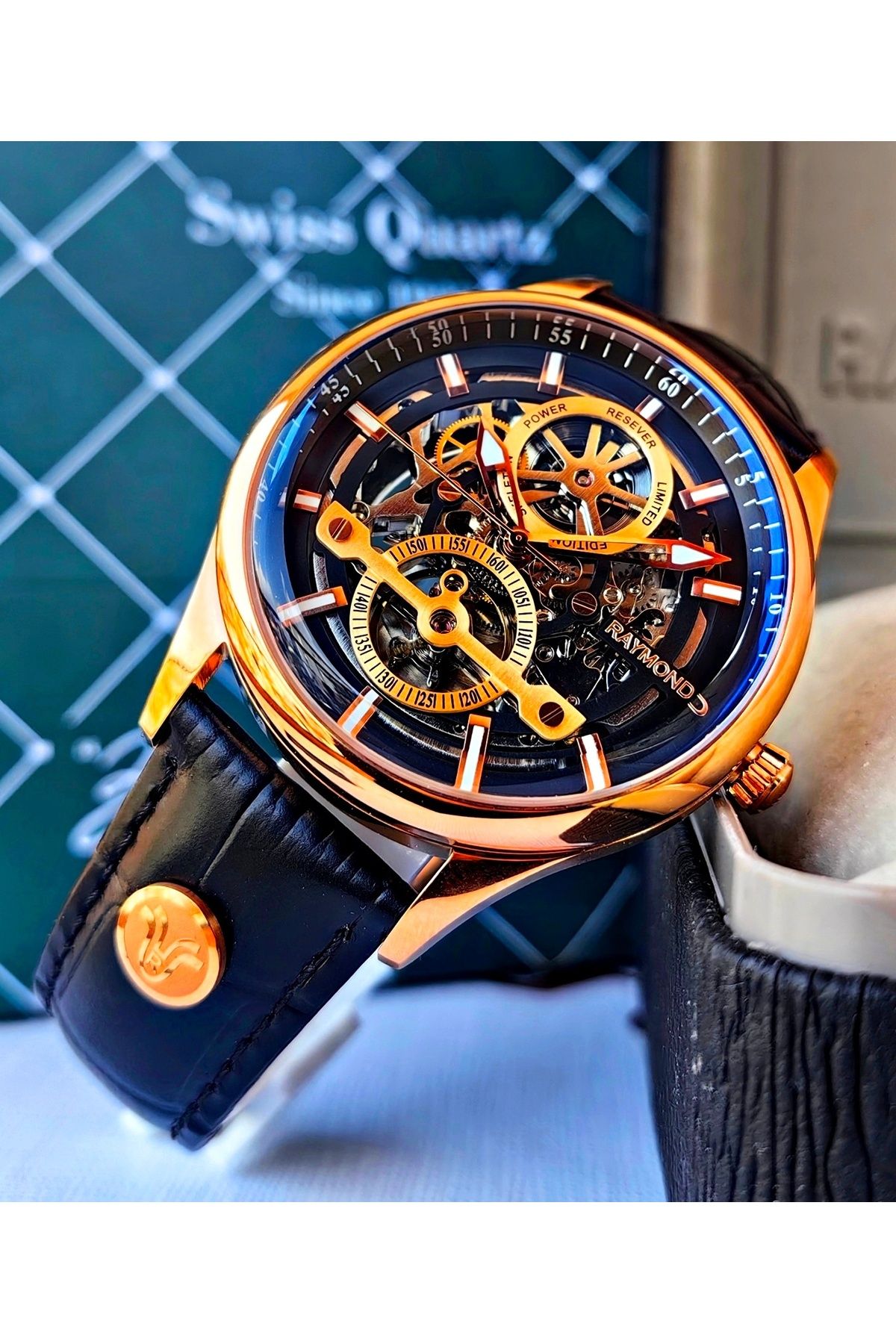 Raymond-Black Skeleton Design Automatic Men's Wrist Watch 1
