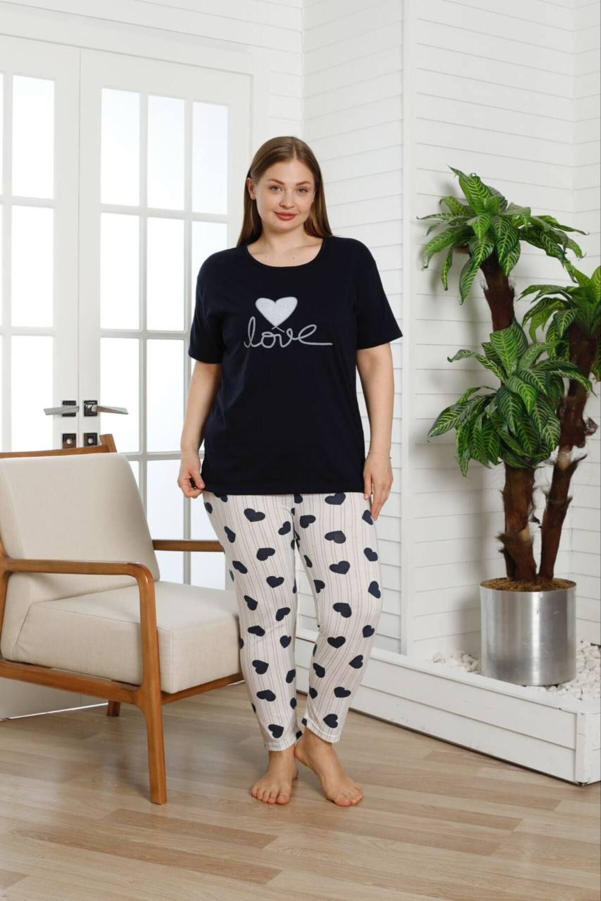 shopshop-Women's Navy Blue Oversize Large Size Heart Patterned Short Sleeve Thin Summer Pajama Set 4
