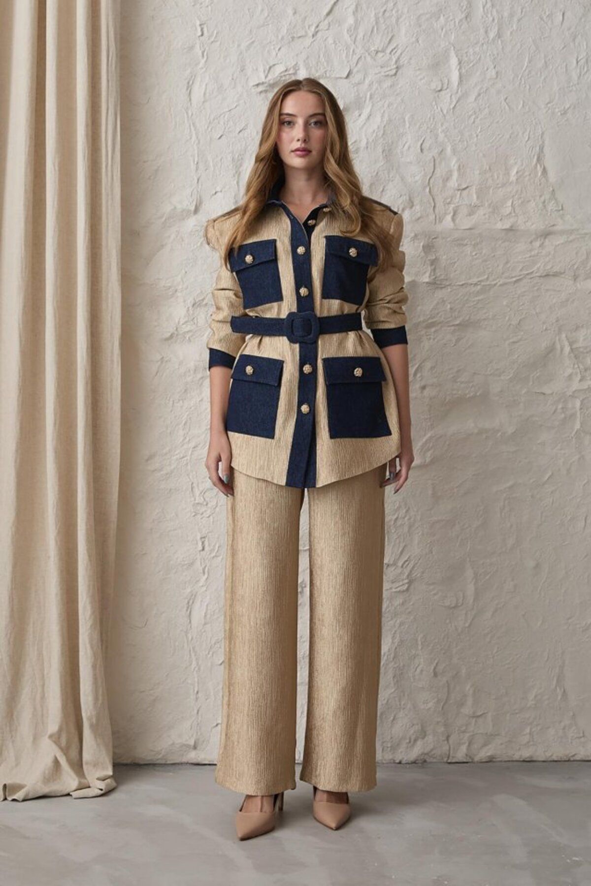 MRA Fashion Sarı Garnili Cepli Gömlek Ve Pantolon Takım