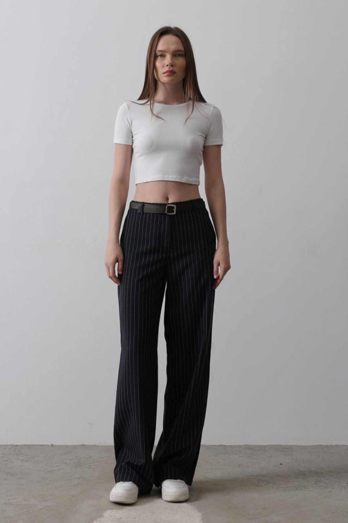 ASFSTORE Kemerli Palazzo Pantolon - Lacivert-Beyaz