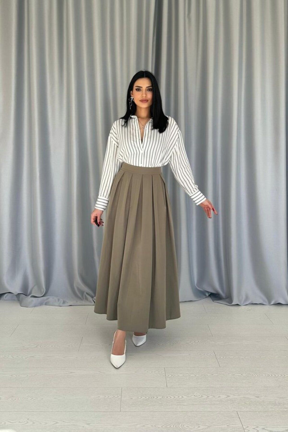 MRA Fashion Haki Uzun Pileli Etek