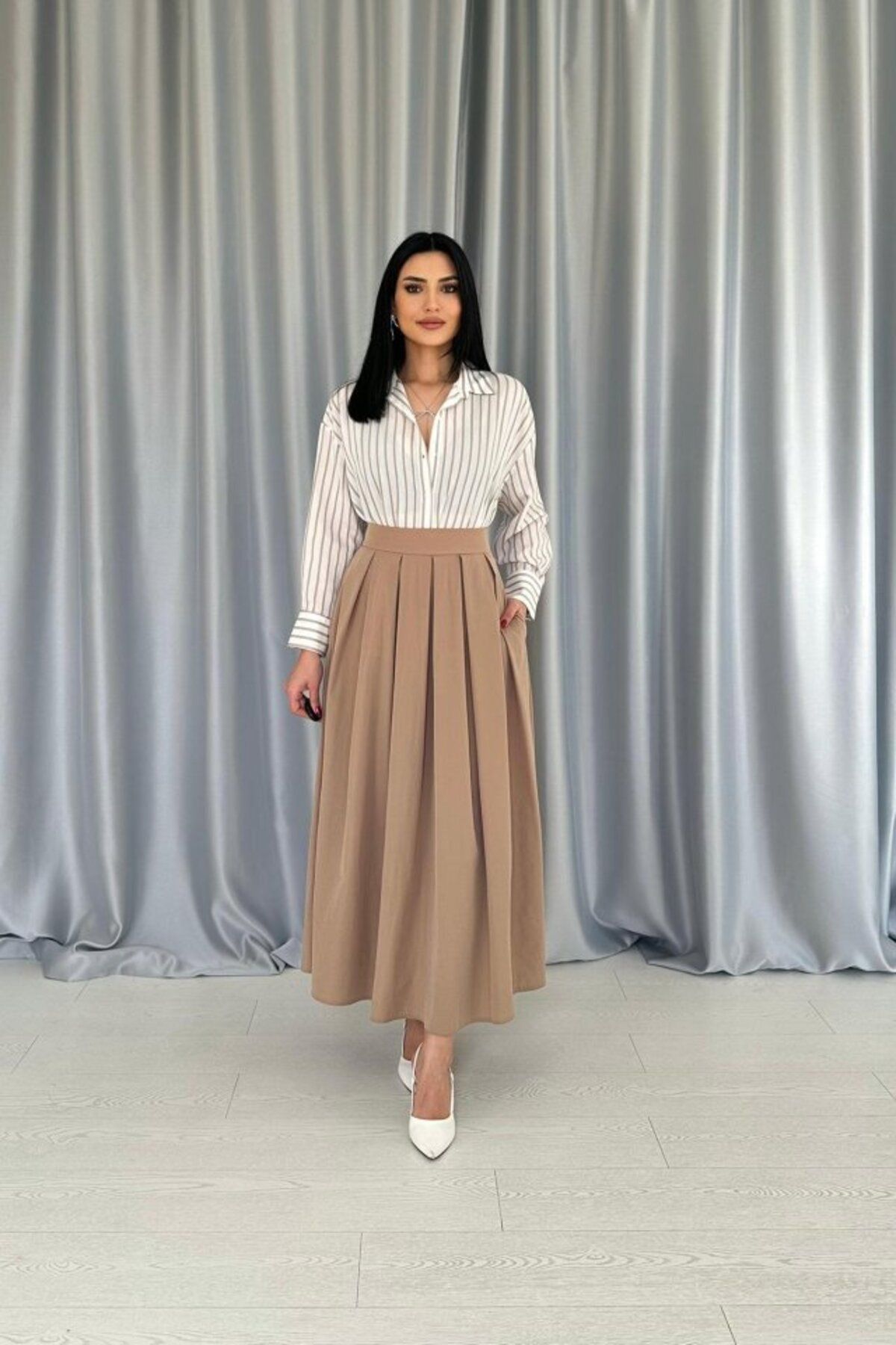 MRA Fashion Camel Uzun Pileli Etek