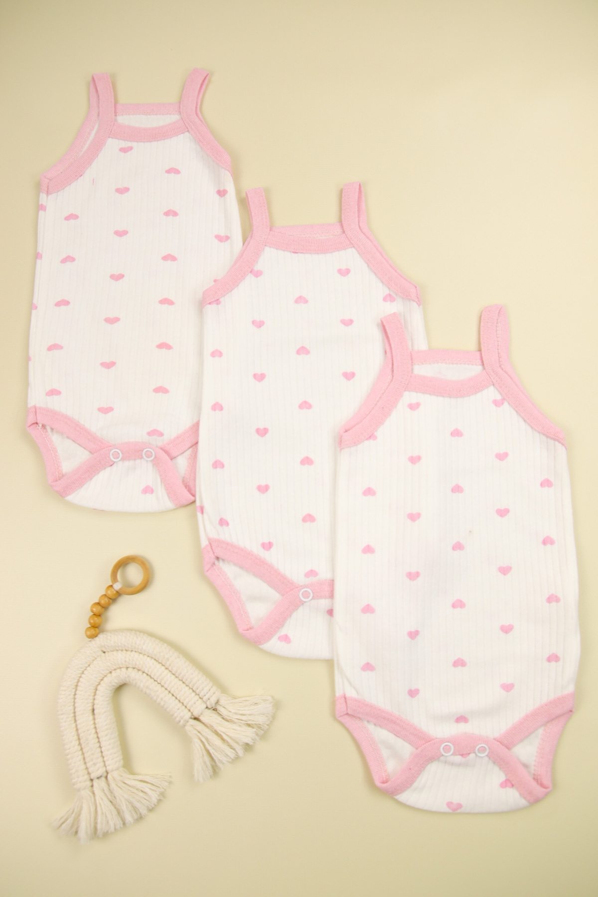 Lindakids Fitilli Kumaş % 100 Pamuk Kalp Desenli İp Askılı Çıtçıtlı 3'lü Kız Bebek Body/Zıbın fotoğrafı 7 (önizleme)