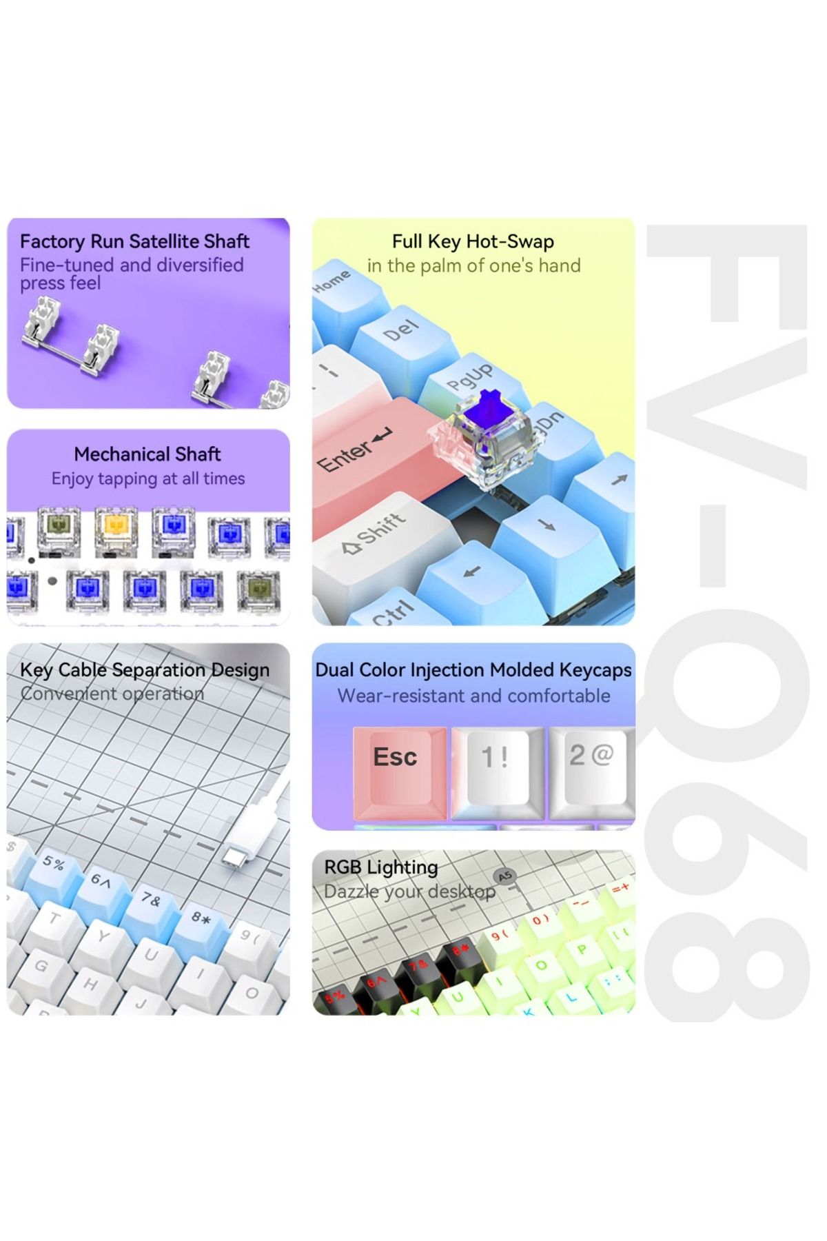 FlashHawk-65% Wired RGB Gaming Keyboard, 68 Keys Blue Switch Hot-Swappable Compact Mechanical Keyboard 3