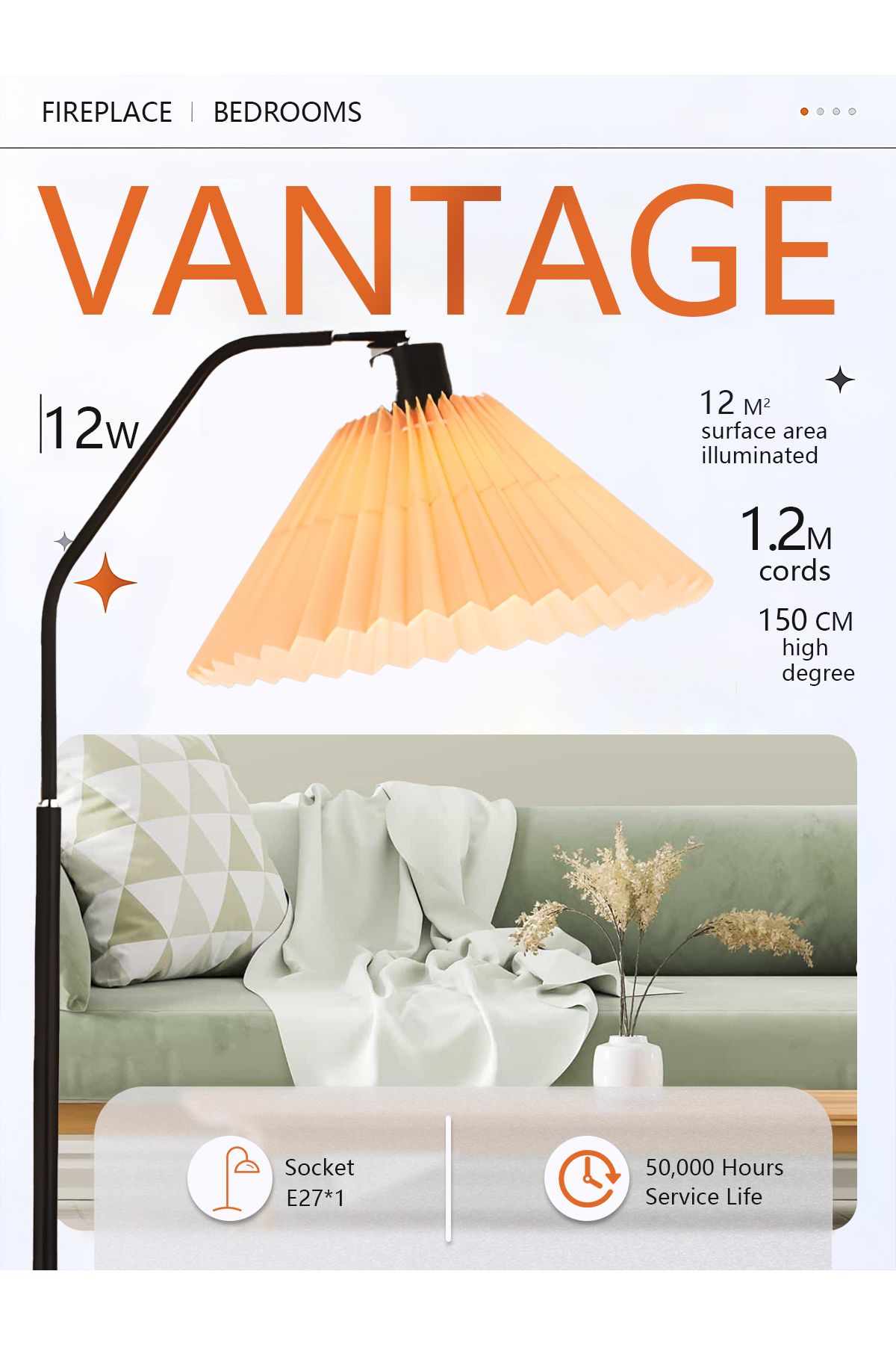 Lumely-Pleated Fabric Floor Lamp With Retro Style,3 Lighting Modes,adjustable Head,eye-caring,e27,12w 3