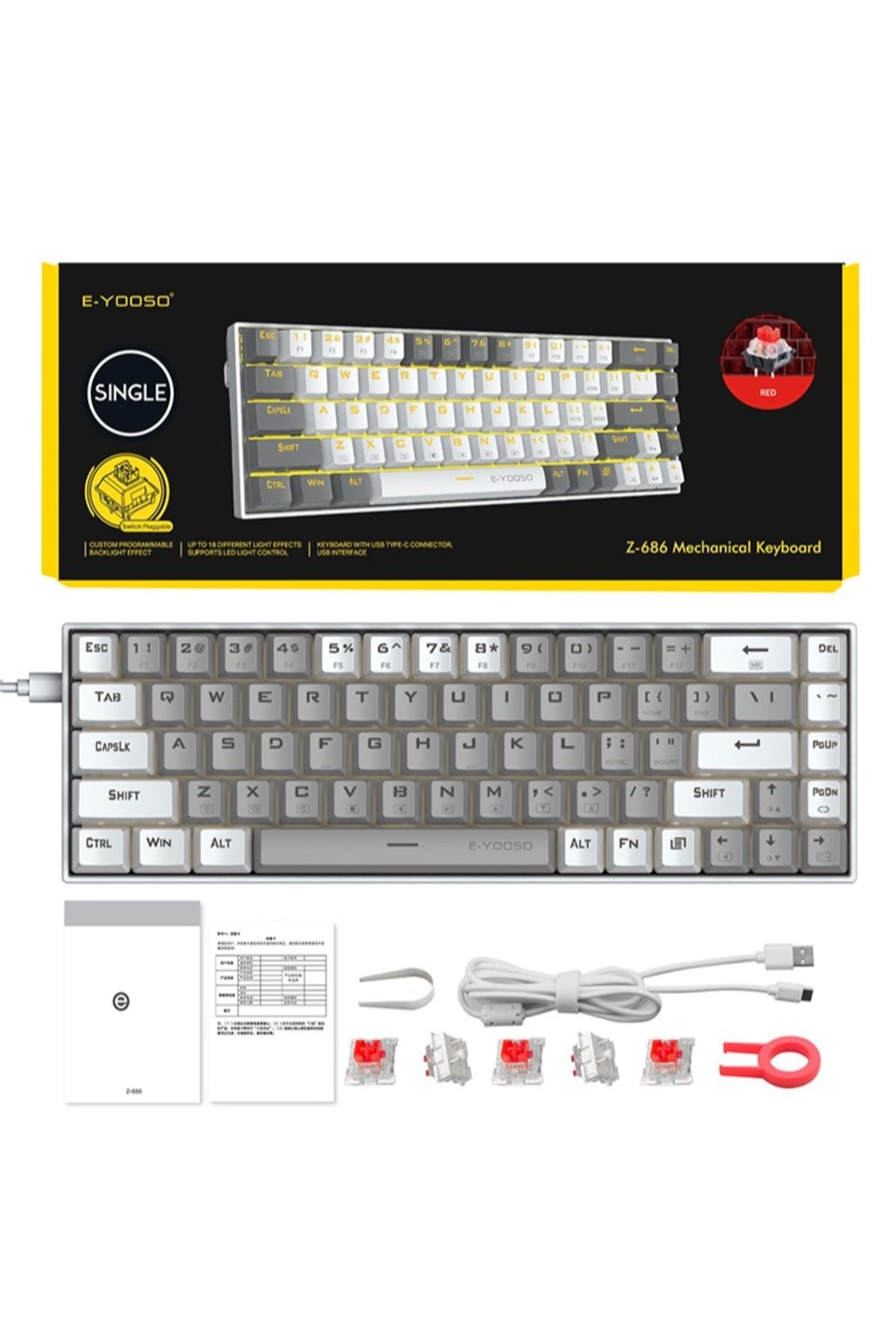 e-yooso-Z-686 65% Gaming Keyboard,Hot Swappable Red Switch, 68 Keys Mini Wired Mechanical Keyboard 6