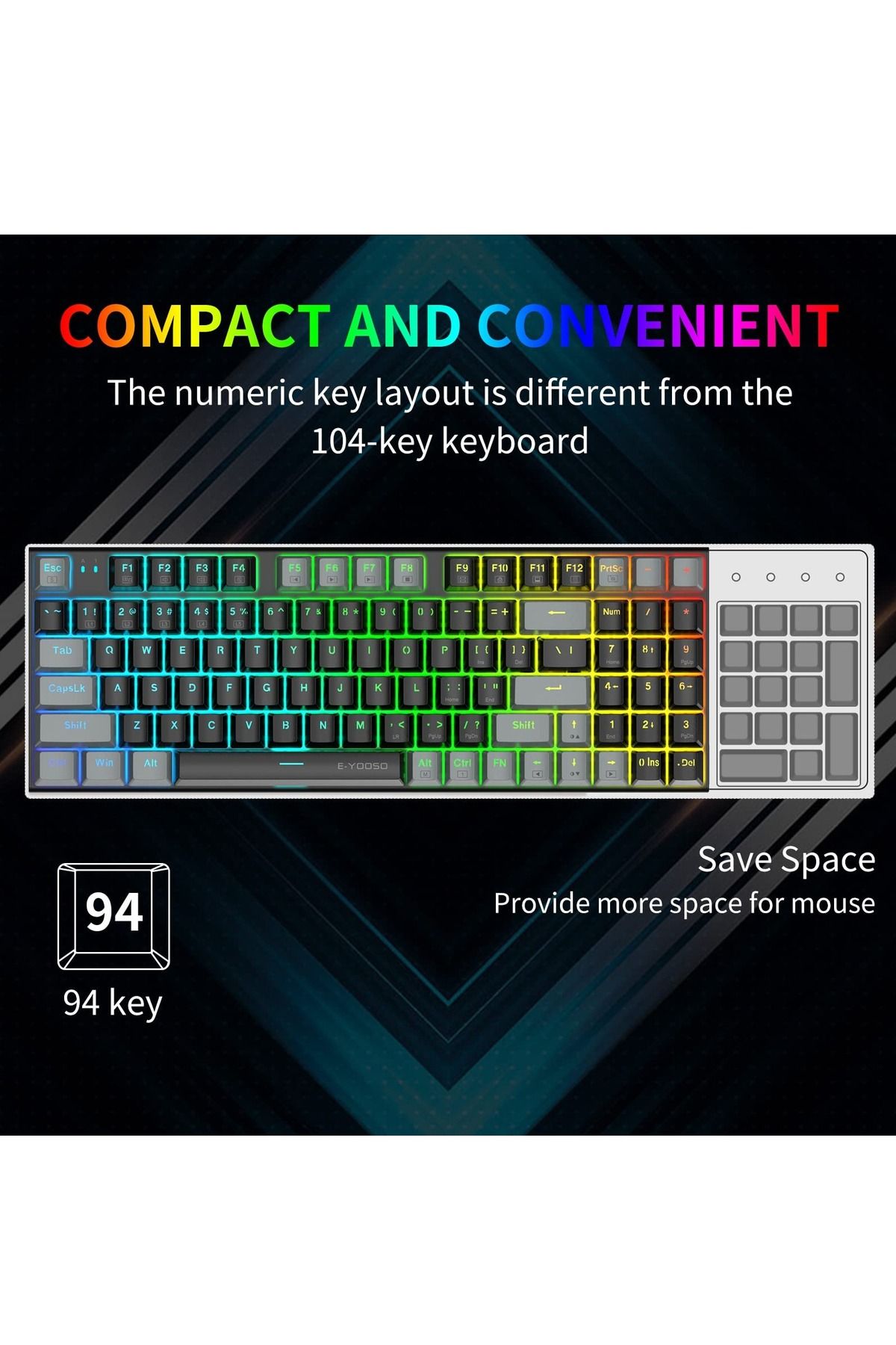 e-yooso-94 Keys Gasket Mechanical Keyboard, Wired Brown Switch Gaming Keyboard with Number Pad 4