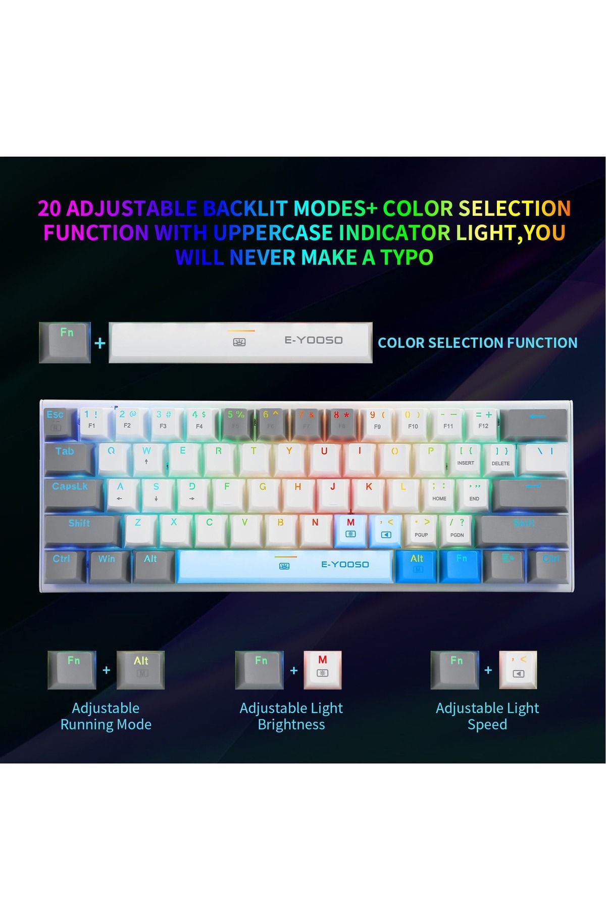 e-yooso-Z-11 61 Keys Mechanical Gaming Keyboard,Blue Switch 60% Wired Compact Keyboard 3