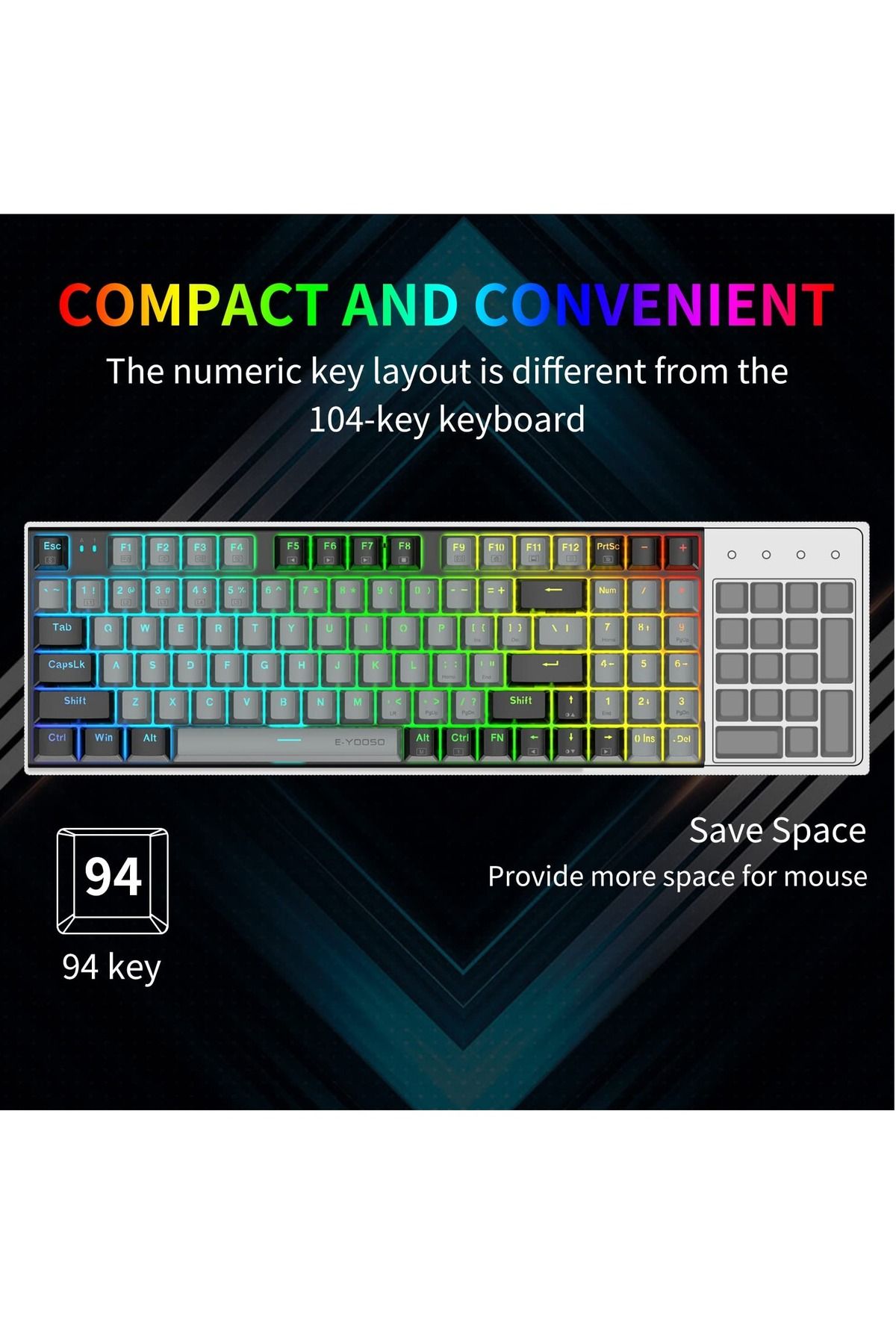 e-yooso-94 keys Gasket Mechanical Keyboard, Wired Red Switch Gaming Keyboard with Number Pad 4