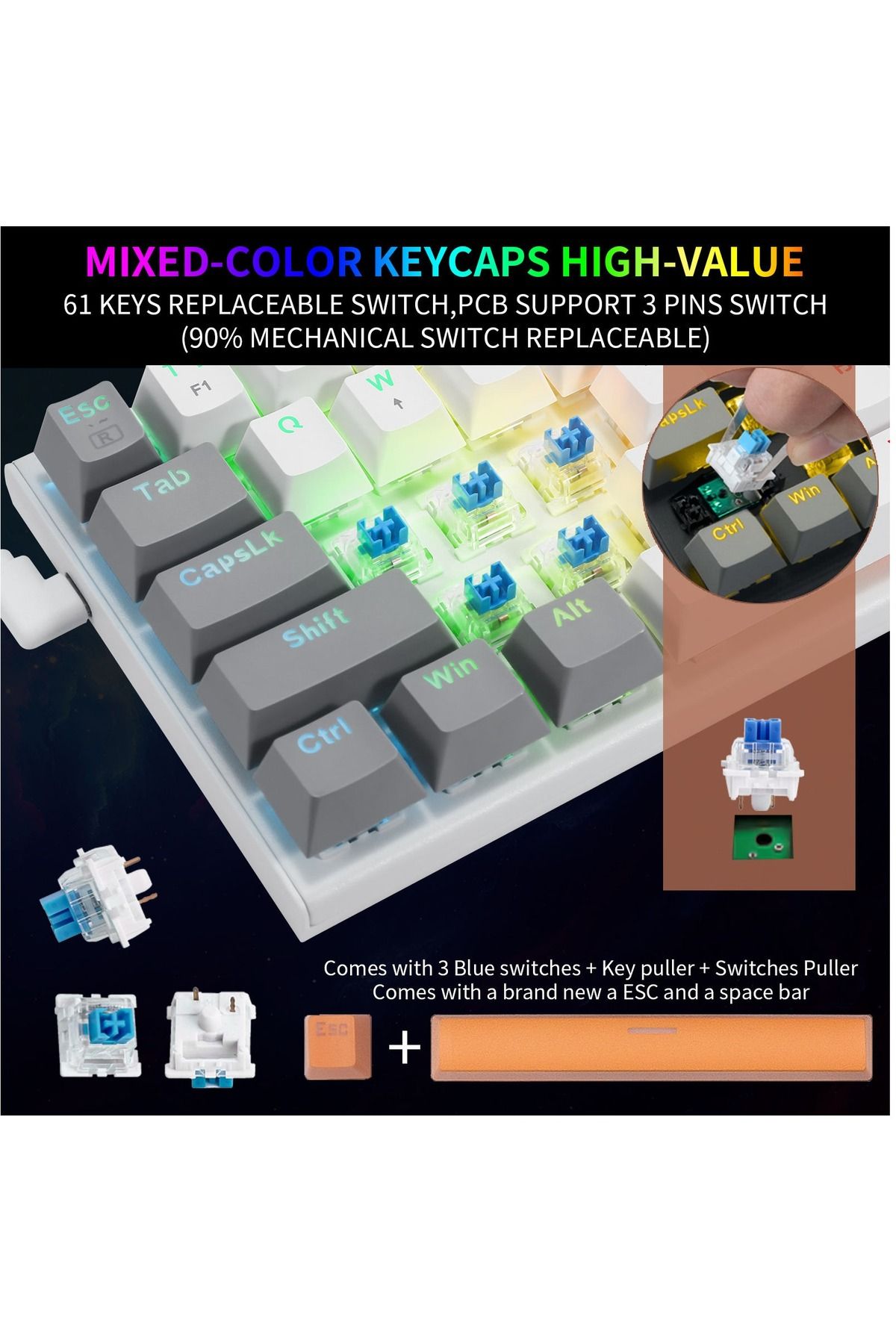 e-yooso-Z-11 61 Keys Mechanical Gaming Keyboard,Blue Switch 60% Wired Compact Keyboard 2