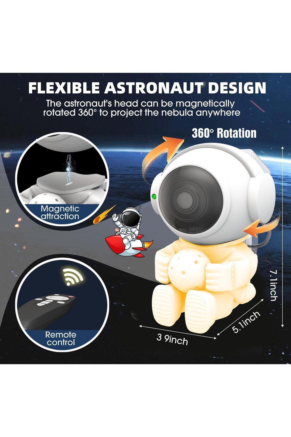 COOYA-Star Projector, with 5 LED Light Modes, Control Timer, Remote & 360° Adjustable, Astronaut Design 2