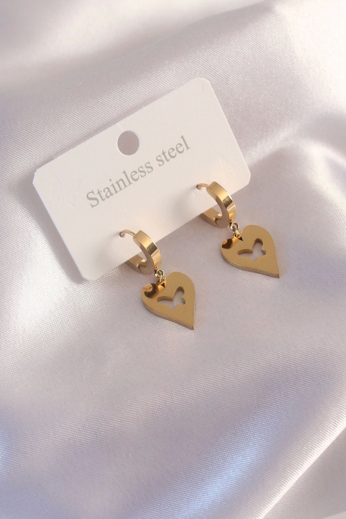 Clariss-Steel Gold Color Heart Model Butterfly Detail Women's Earrings 1