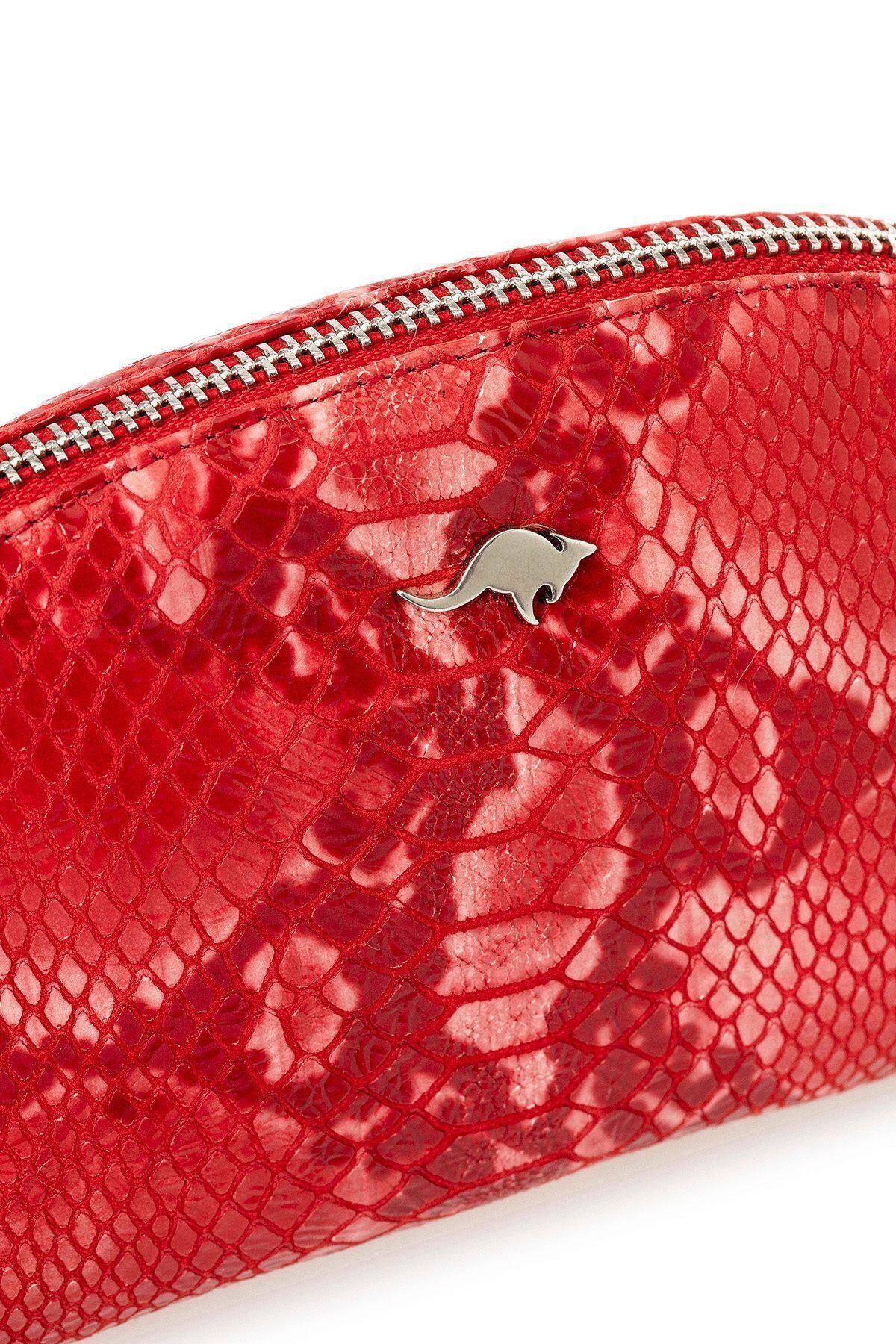 Deriderim-Red Zippered Portable Mirrored Python Print Genuine Leather Handbag 5