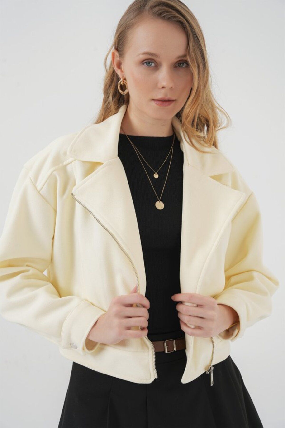 moda wanilia 0717 Kısa Kaşe Ceket - Krem